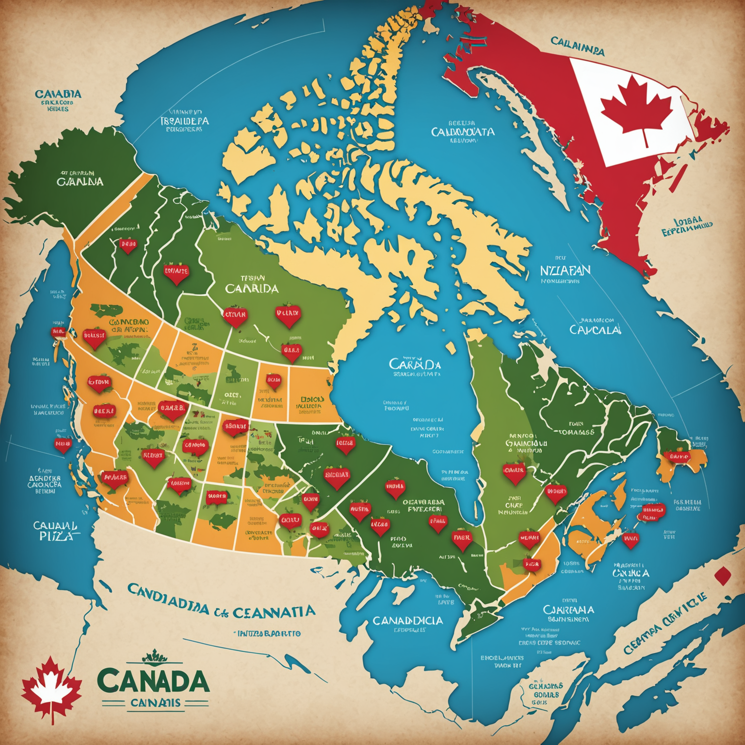 Stylized map of Canada showing Salvatore pizza catering service coverage areas across major Canadian cities including Toronto, Vancouver, Montreal, Calgary, and other metropolitan regions