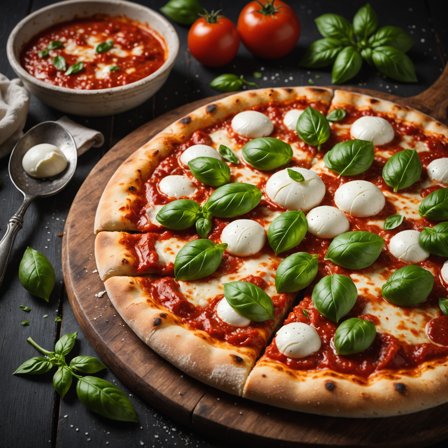 Authentic Italian pizza with fresh mozzarella, basil, and tomato sauce on a wooden board, steam rising, professional food photography with dramatic lighting