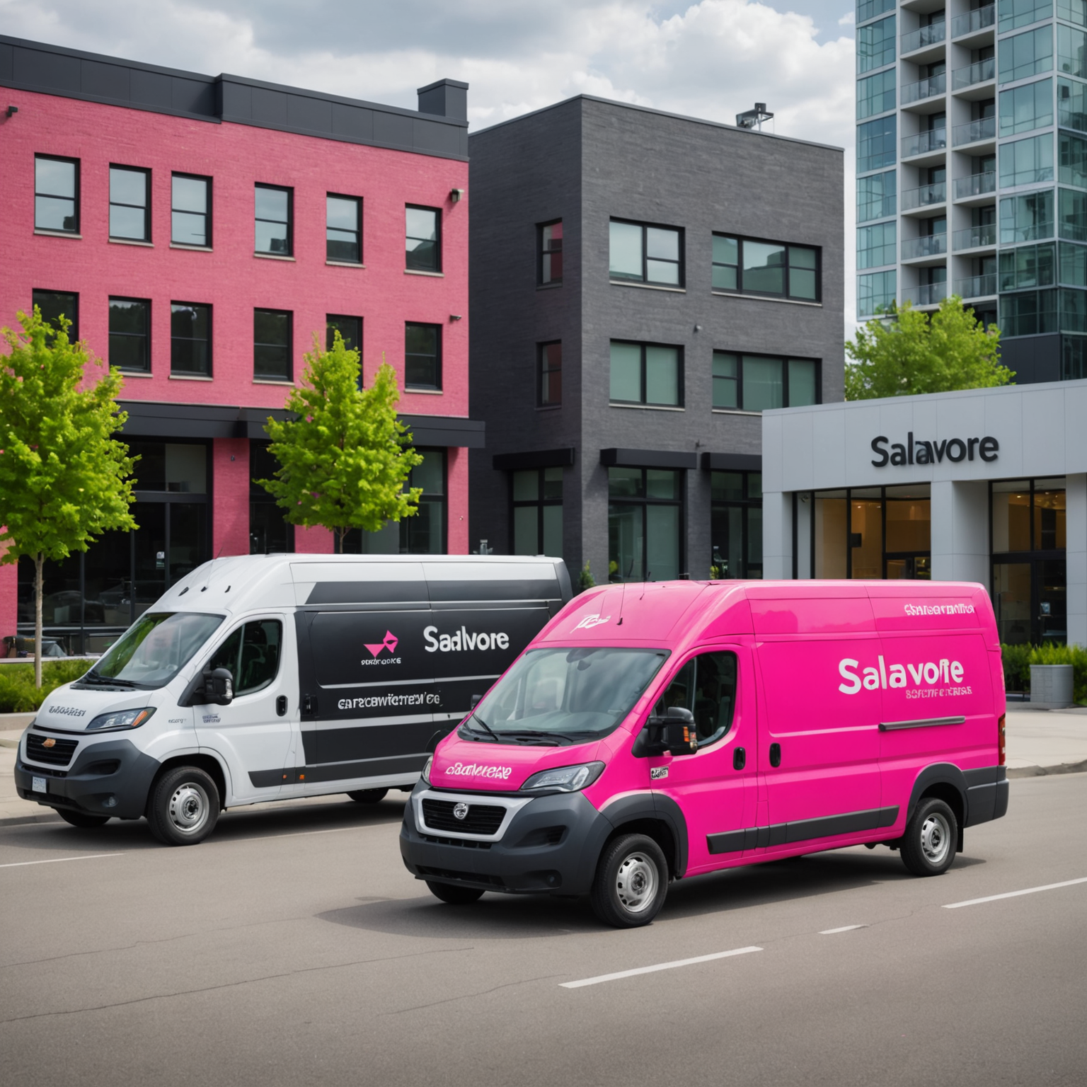 Modern eco-friendly delivery vehicles with Salvatore branding parked in front of new kitchen facility, featuring electric vans with hot pink and charcoal color scheme, urban Canadian cityscape in background