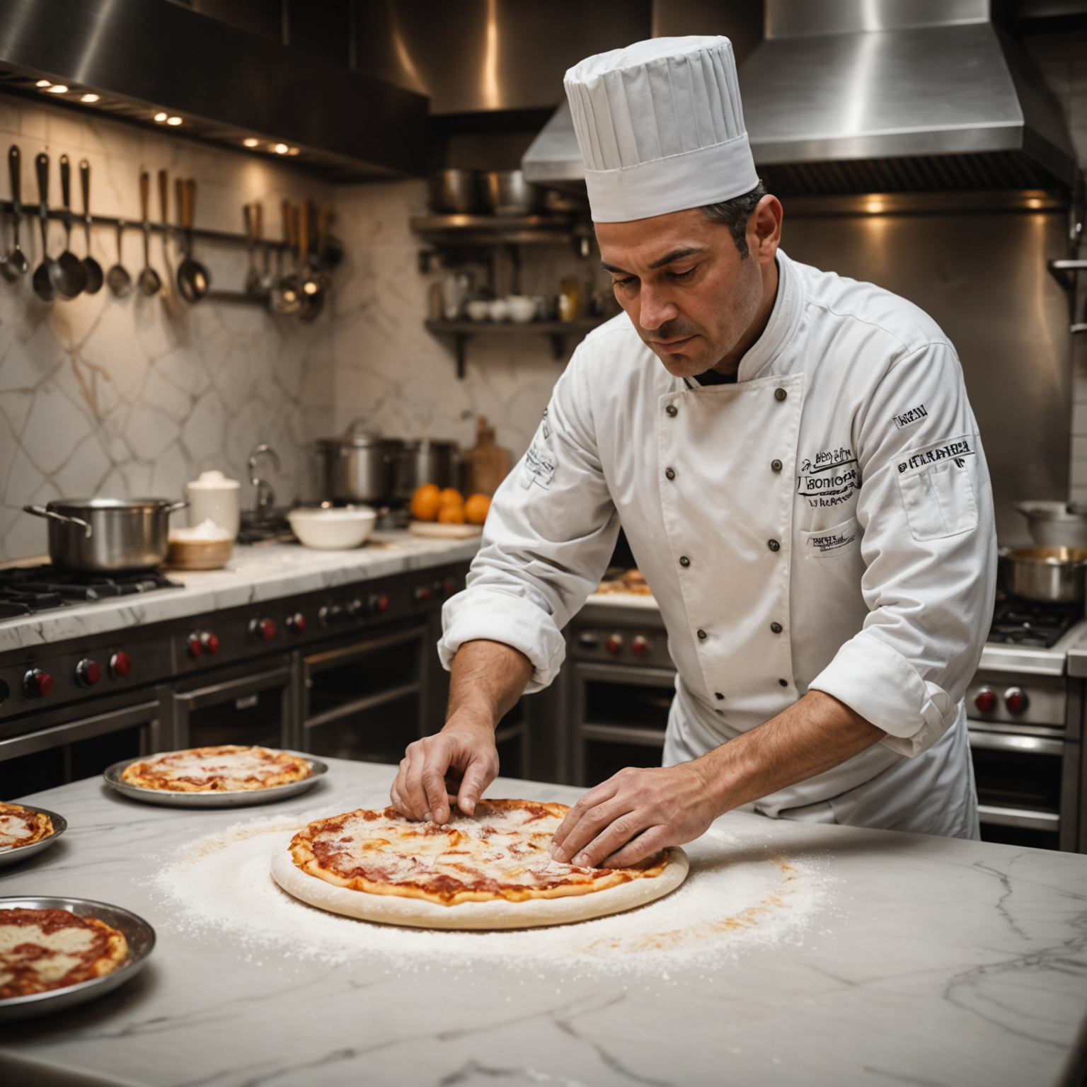 Chef Marco Benedetti expertly kneading traditional Italian pizza dough in Salvatore's state-of-the-art kitchen, flour dust creating an atmospheric effect around his hands as he works the dough on a marble countertop