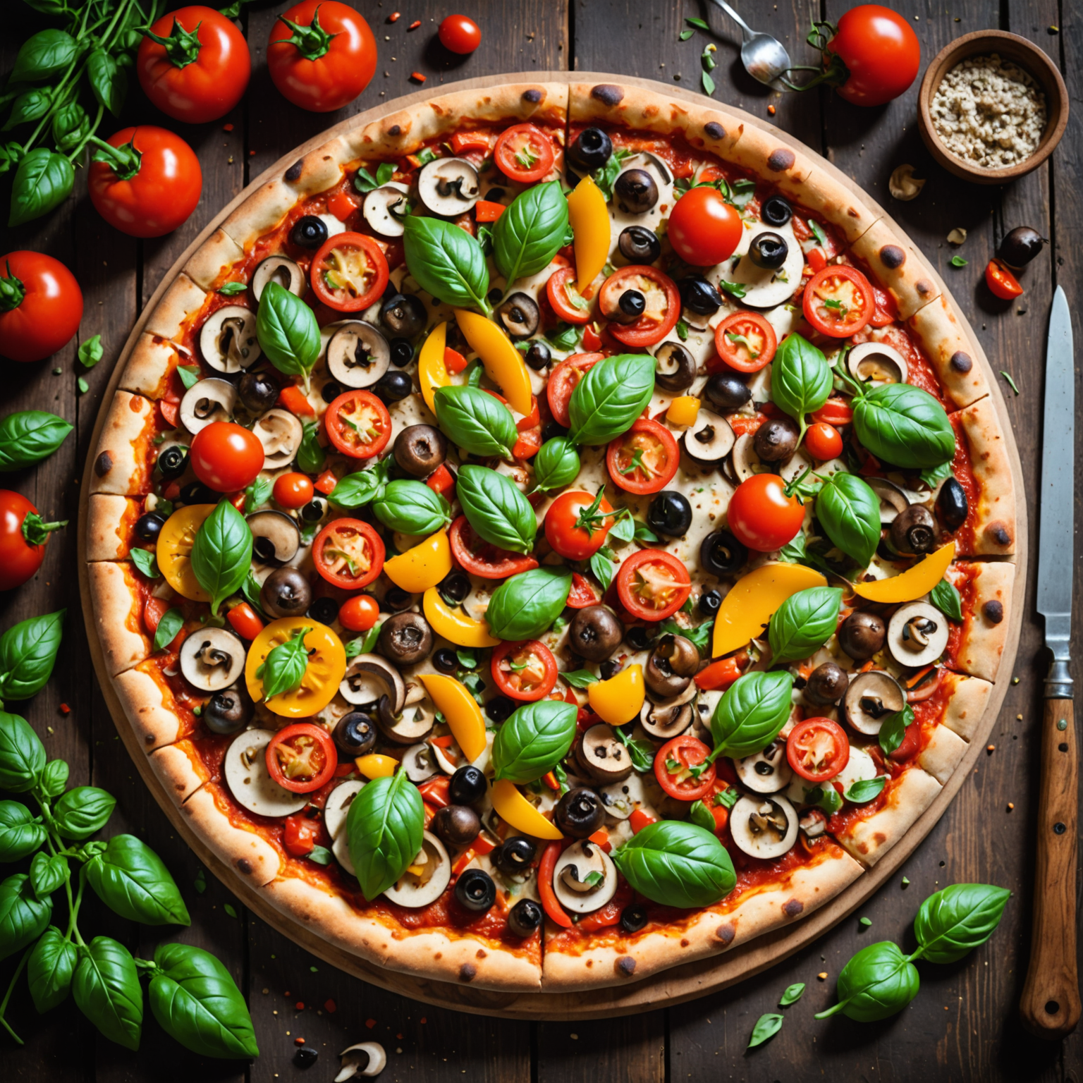 Vibrant plant-based pizza featuring colorful vegetables, dairy-free cheese, fresh basil, cherry tomatoes, bell peppers, and mushrooms arranged artistically on a rustic wooden board with dramatic urban lighting