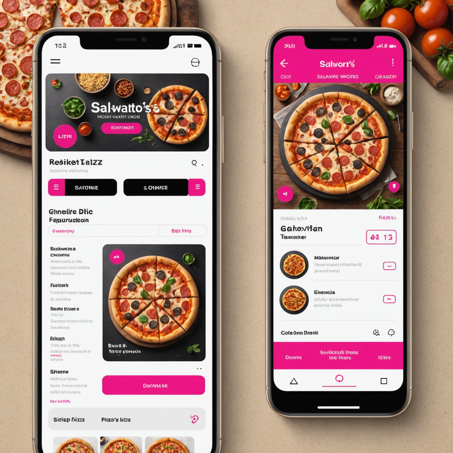 Modern digital interface showing Salvatore's online pizza ordering system with menu browsing, customization options, and real-time delivery tracking on a sleek device screen with hot pink accents