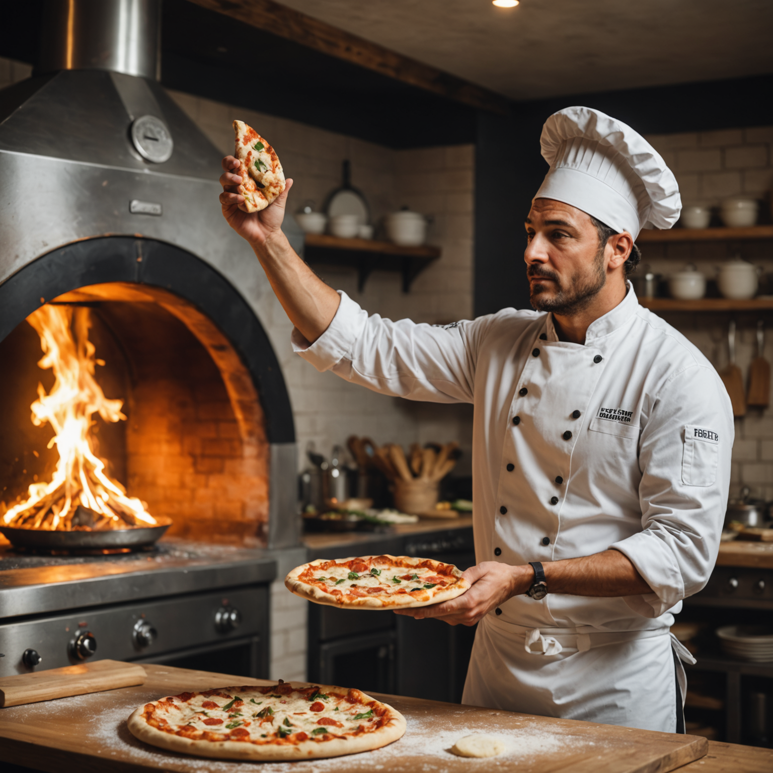 Professional Italian pizza chef tossing pizza dough in the air in a modern kitchen with wood-fired oven in background, wearing traditional white chef uniform