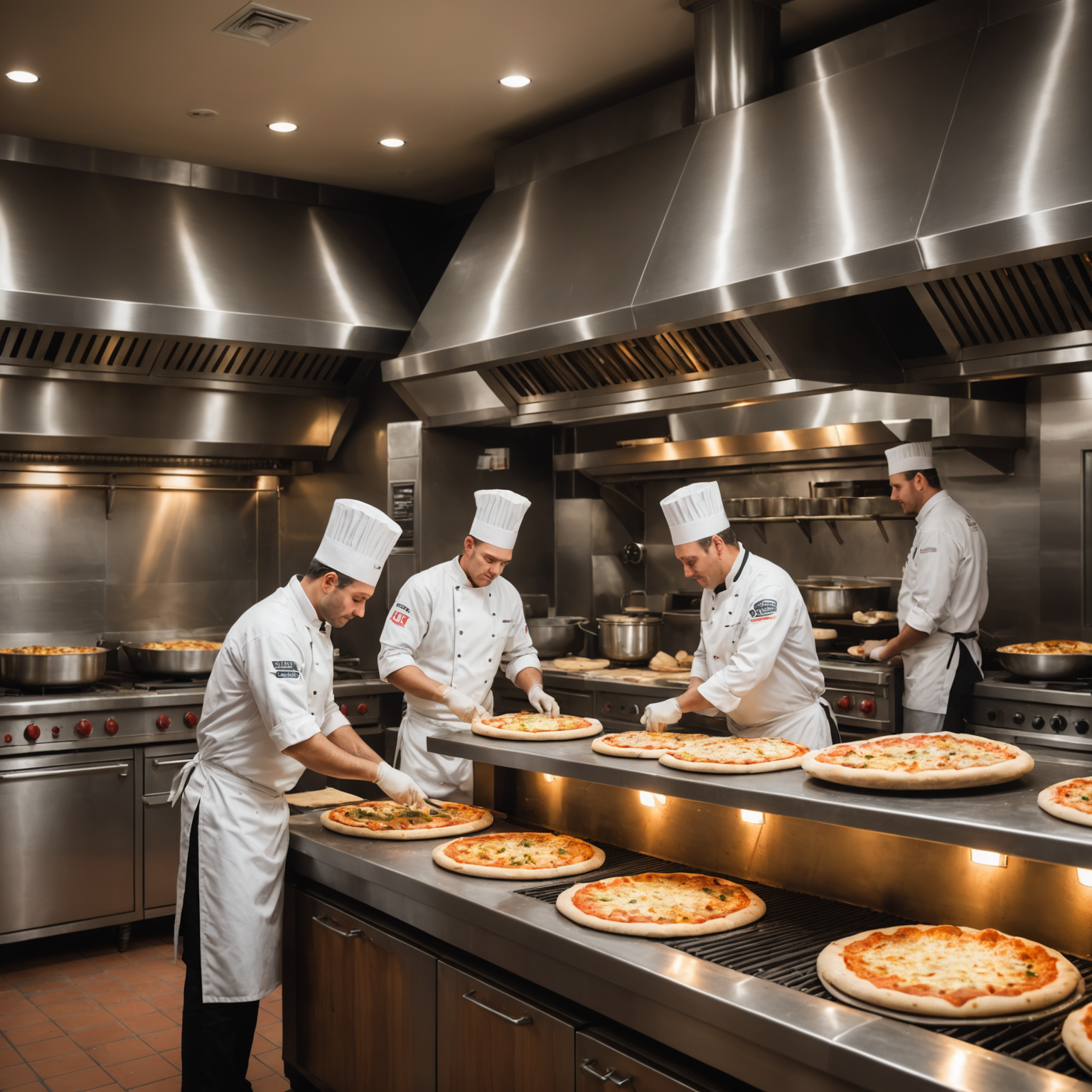 Interior of modern Salvatore pizza kitchen showing traditional Italian wood-fired ovens, stainless steel preparation counters, chefs in white uniforms preparing pizzas, warm lighting highlighting fresh ingredients and dough preparation areas
