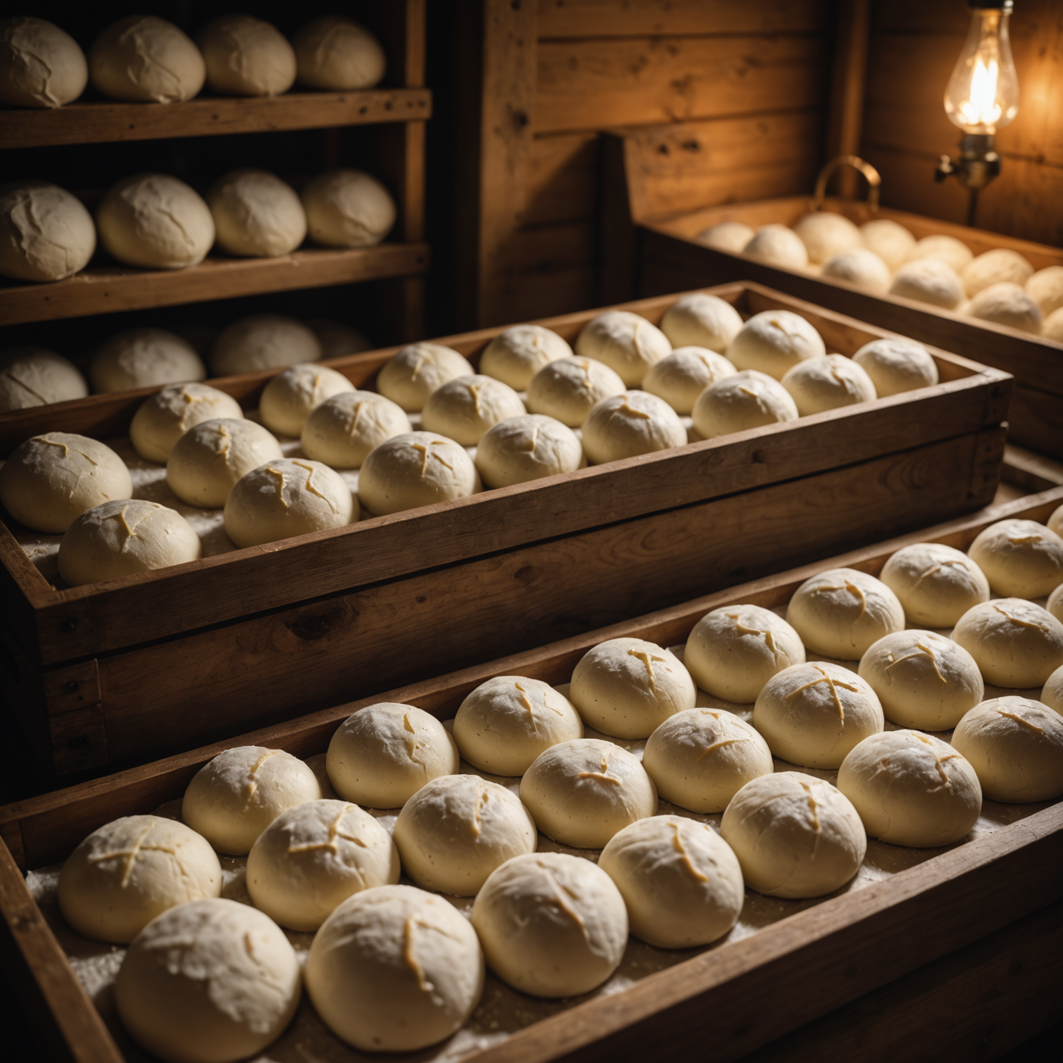 Close-up view of perfectly risen pizza dough balls resting in traditional wooden proofing boxes, covered with white linen cloths, in Salvatore's temperature-controlled fermentation room with soft ambient lighting