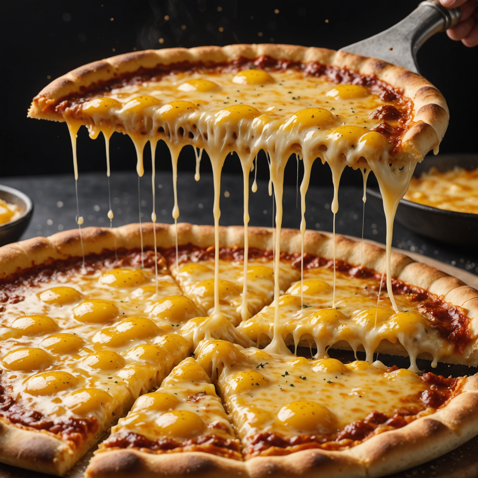 Detailed close-up shot of dairy-free cheese melting perfectly on a pizza, showing stretchy texture with golden-brown bubbles and steam rising, captured under professional kitchen lighting