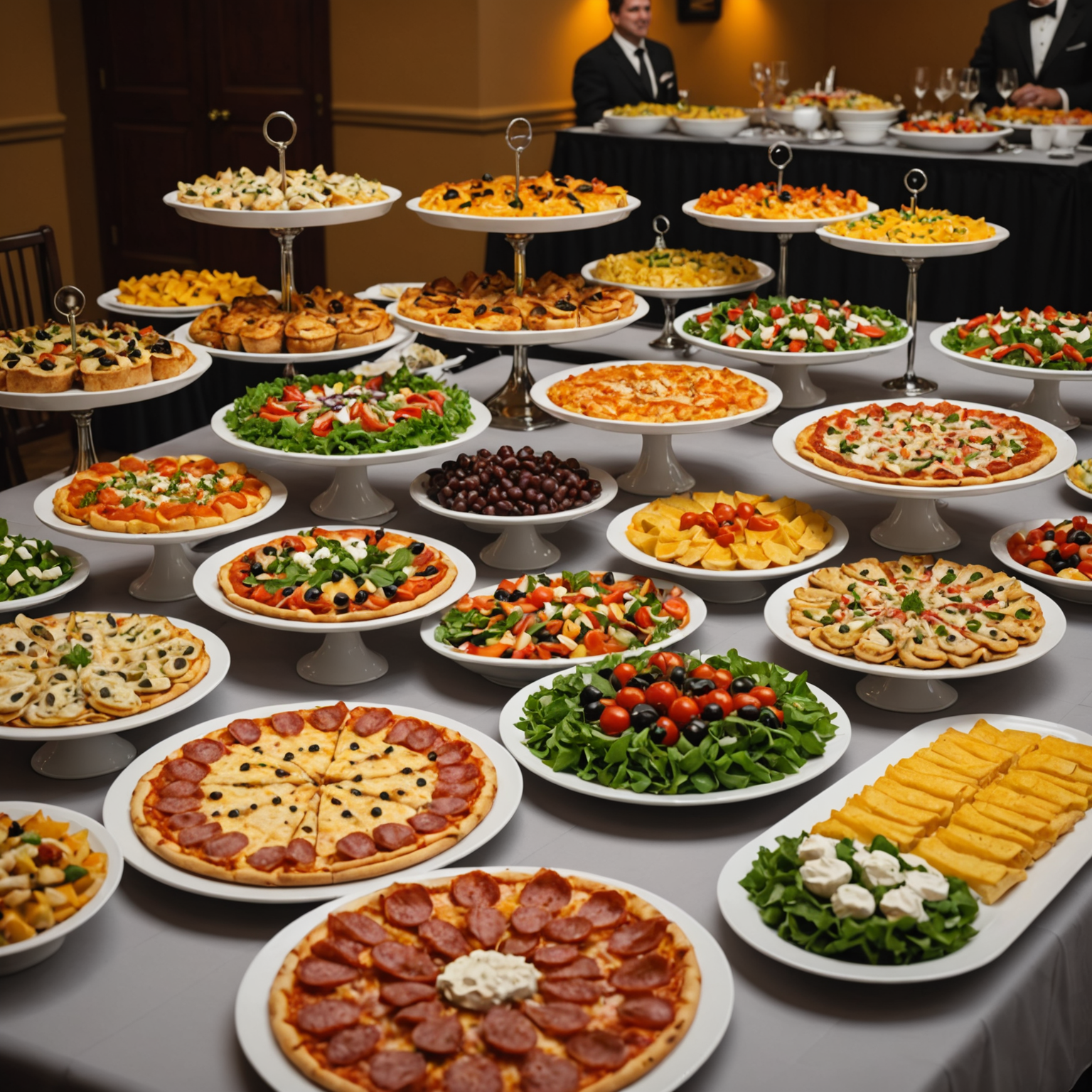 Elegant catering setup with multiple Salvatore's pizza platters, appetizers, salads and desserts arranged on a professional buffet table for a corporate event or wedding celebration