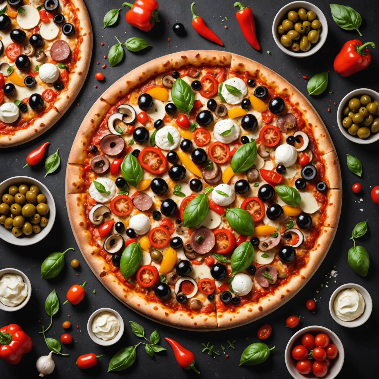 Colorful grid display of premium pizza toppings including fresh mozzarella, Italian sausage, pepperoni, mushrooms, bell peppers, olives, basil, and artisanal ingredients arranged on a dark surface