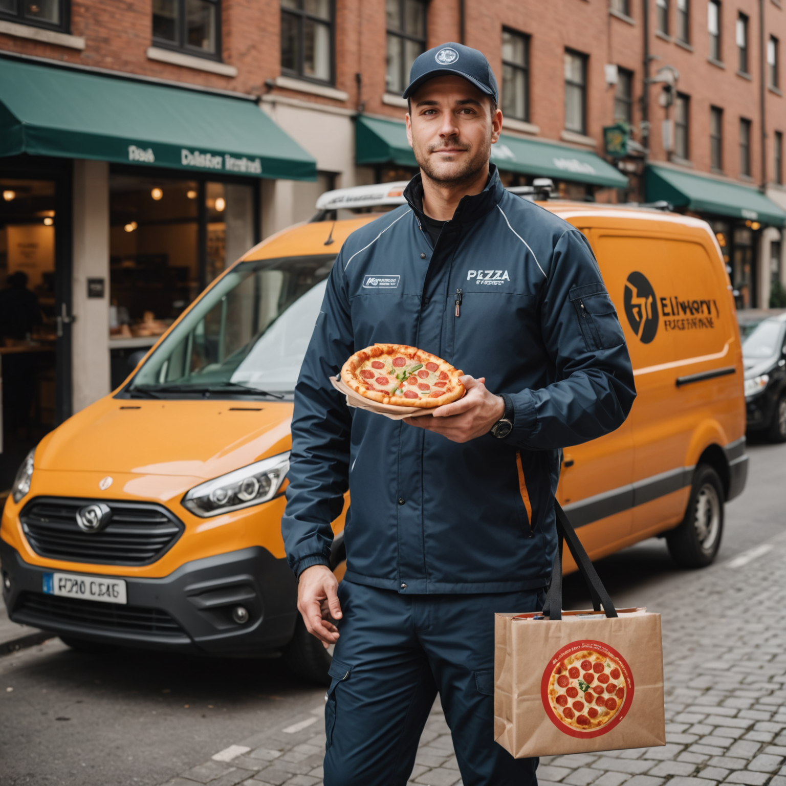 Delivery driver holding insulated pizza bag with hot steam rising, wearing branded uniform, standing next to delivery vehicle with GPS tracking device visible