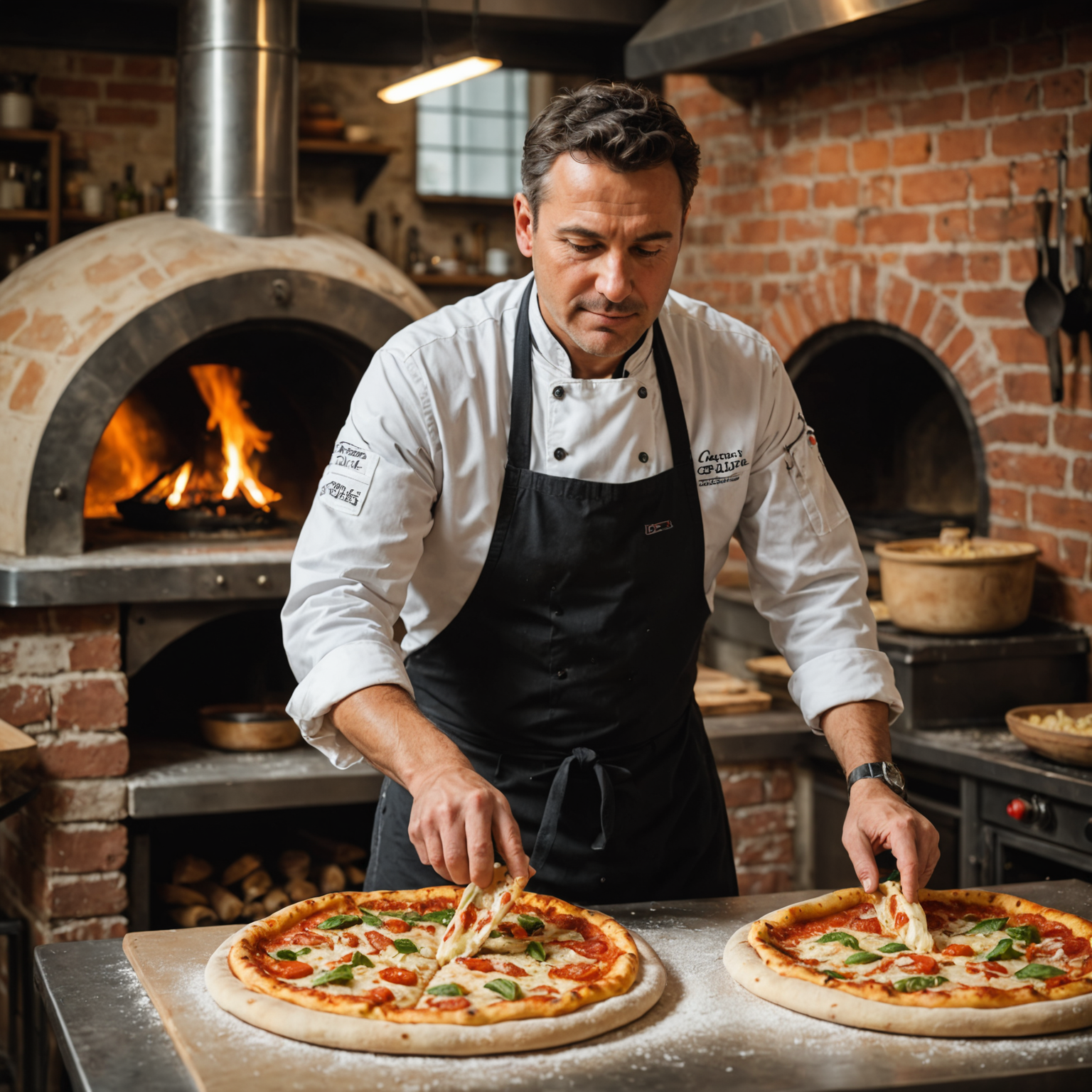 Master chef demonstrating authentic Italian pizza dough preparation techniques in professional kitchen with wood-fired oven in background