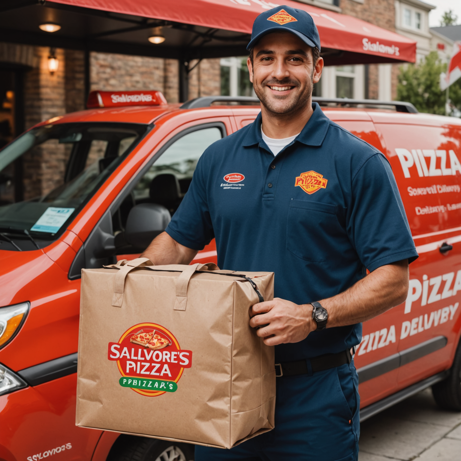 Salvatore's Pizza delivery driver in branded uniform holding insulated pizza bag next to delivery vehicle, smiling and ready to deliver hot pizza