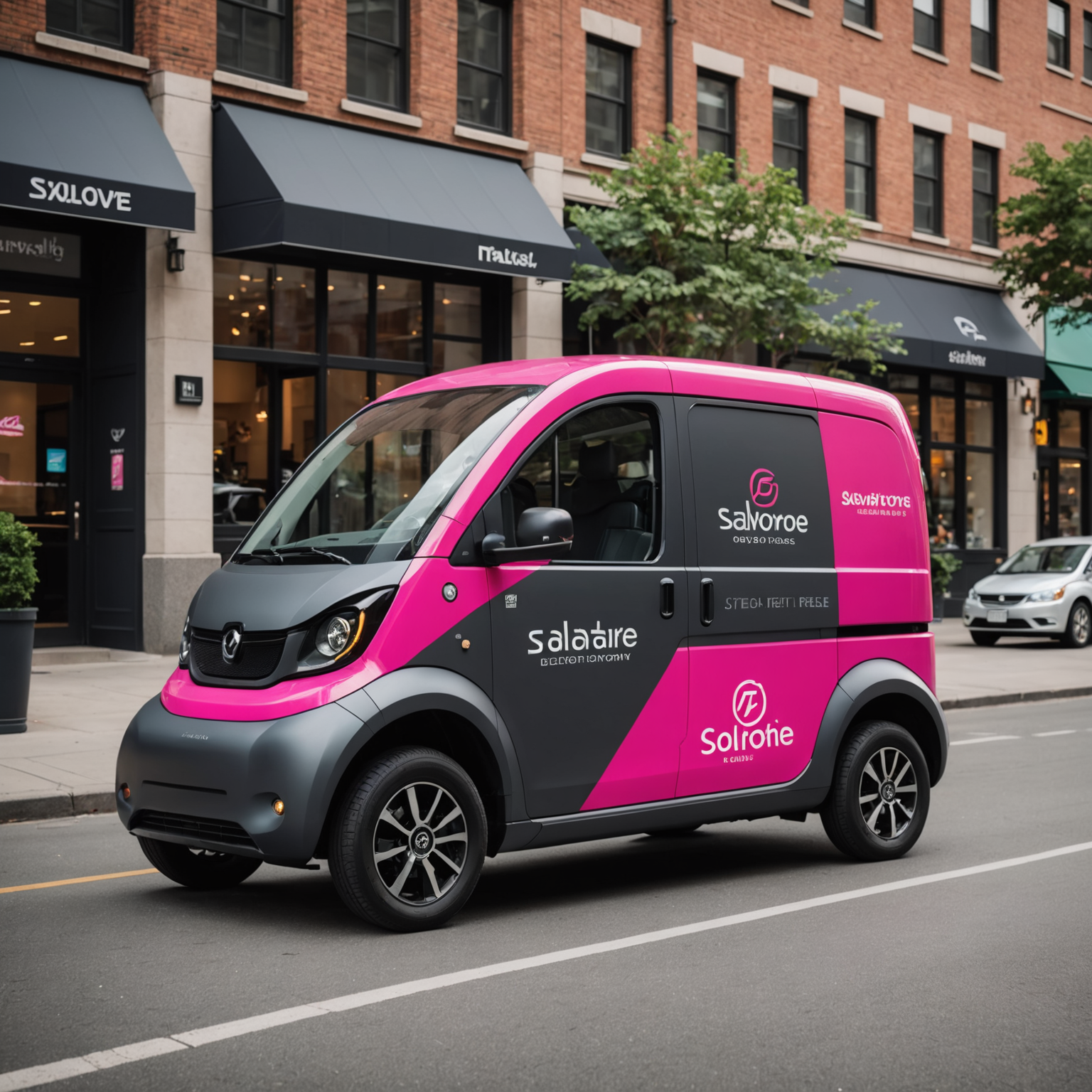 Sleek electric delivery vehicle with Salvatore branding in hot pink and charcoal colors, parked on urban street, driver loading insulated pizza boxes, modern cityscape background, vehicle displaying eco-friendly badges and charging port visible