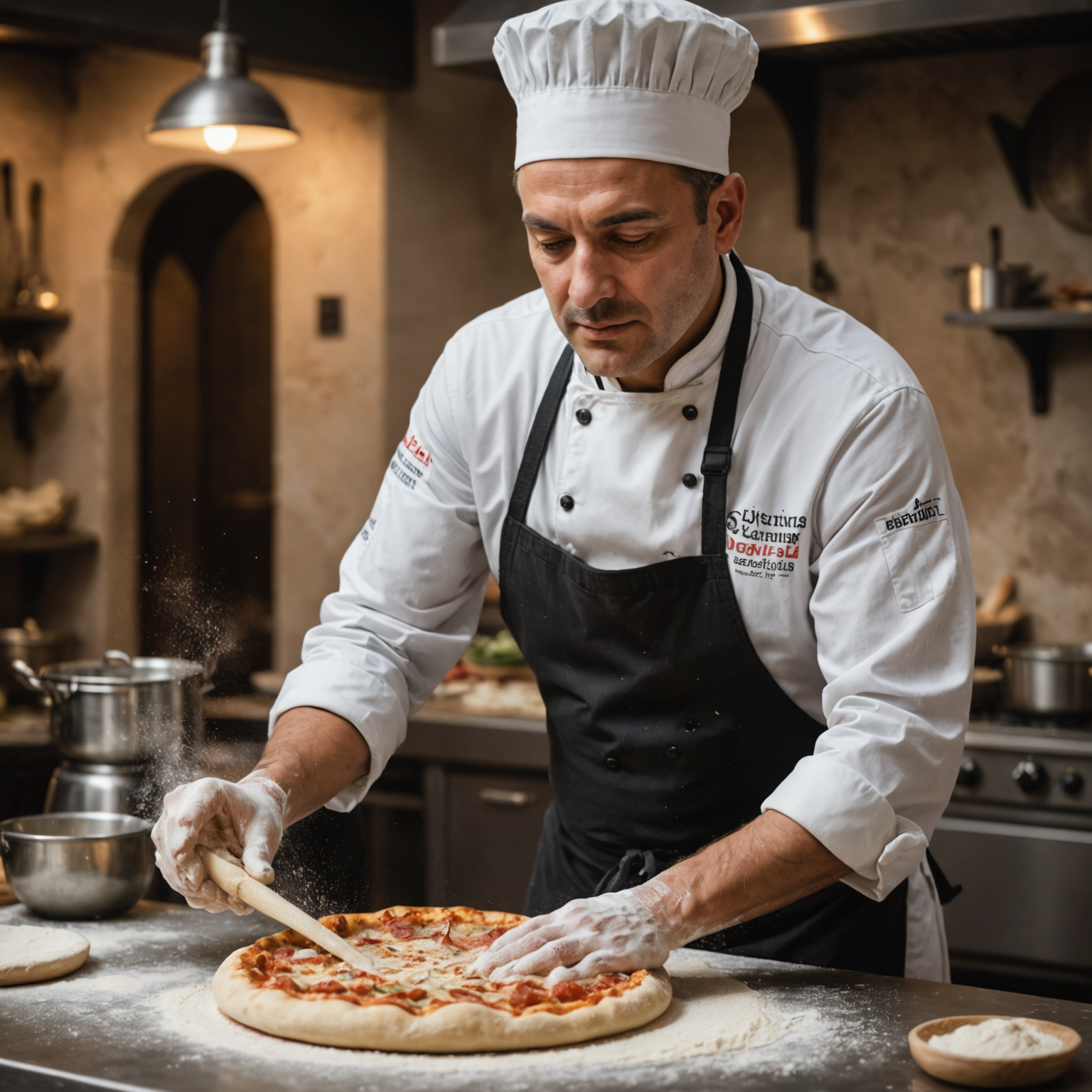 Chef Marco Benedetti demonstrating the proper hand-stretching technique for pizza dough, his experienced hands working the dough in a circular motion, with flour dusting the air and a look of intense concentration on his face