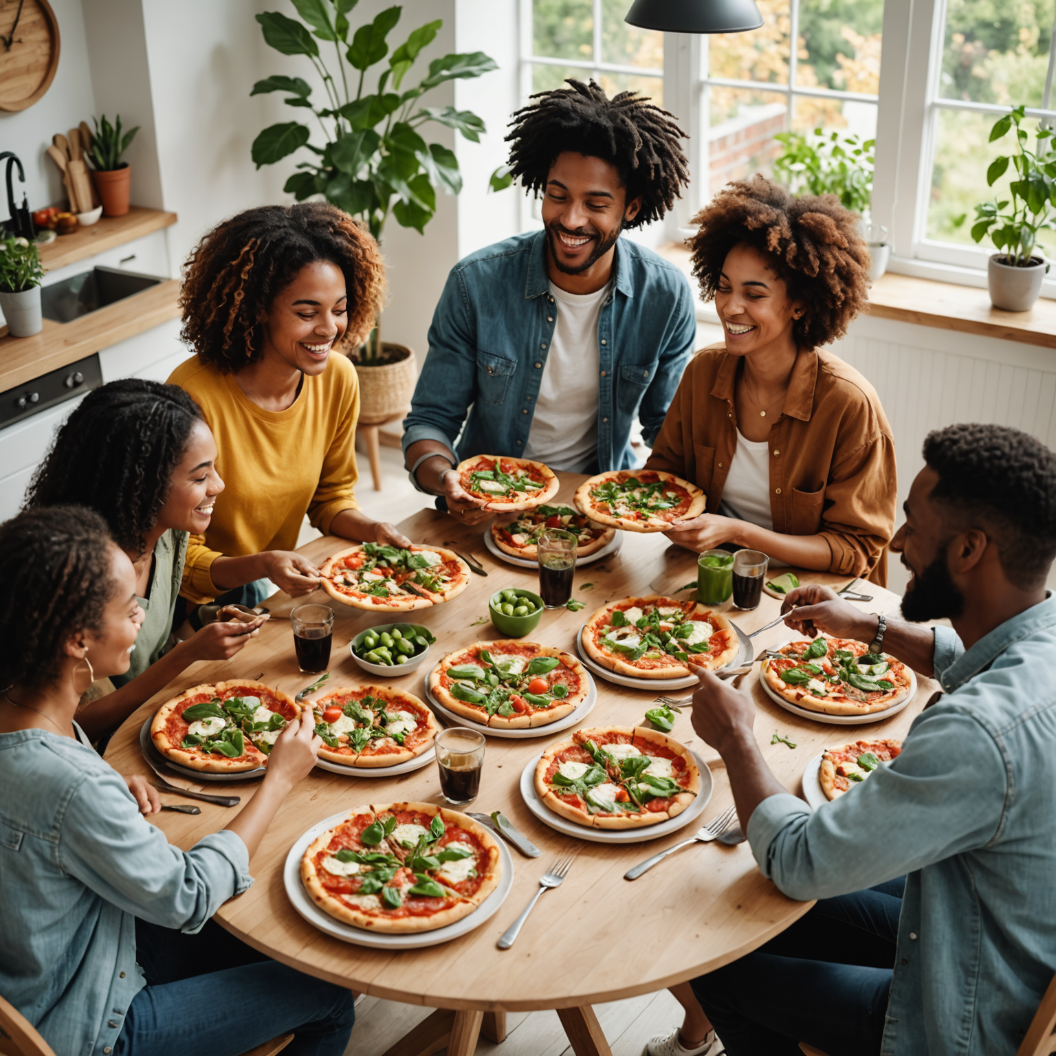 Diverse group of friends gathered around a modern dining table, sharing multiple plant-based pizzas, laughing and enjoying their meal together in a bright, welcoming atmosphere with natural lighting