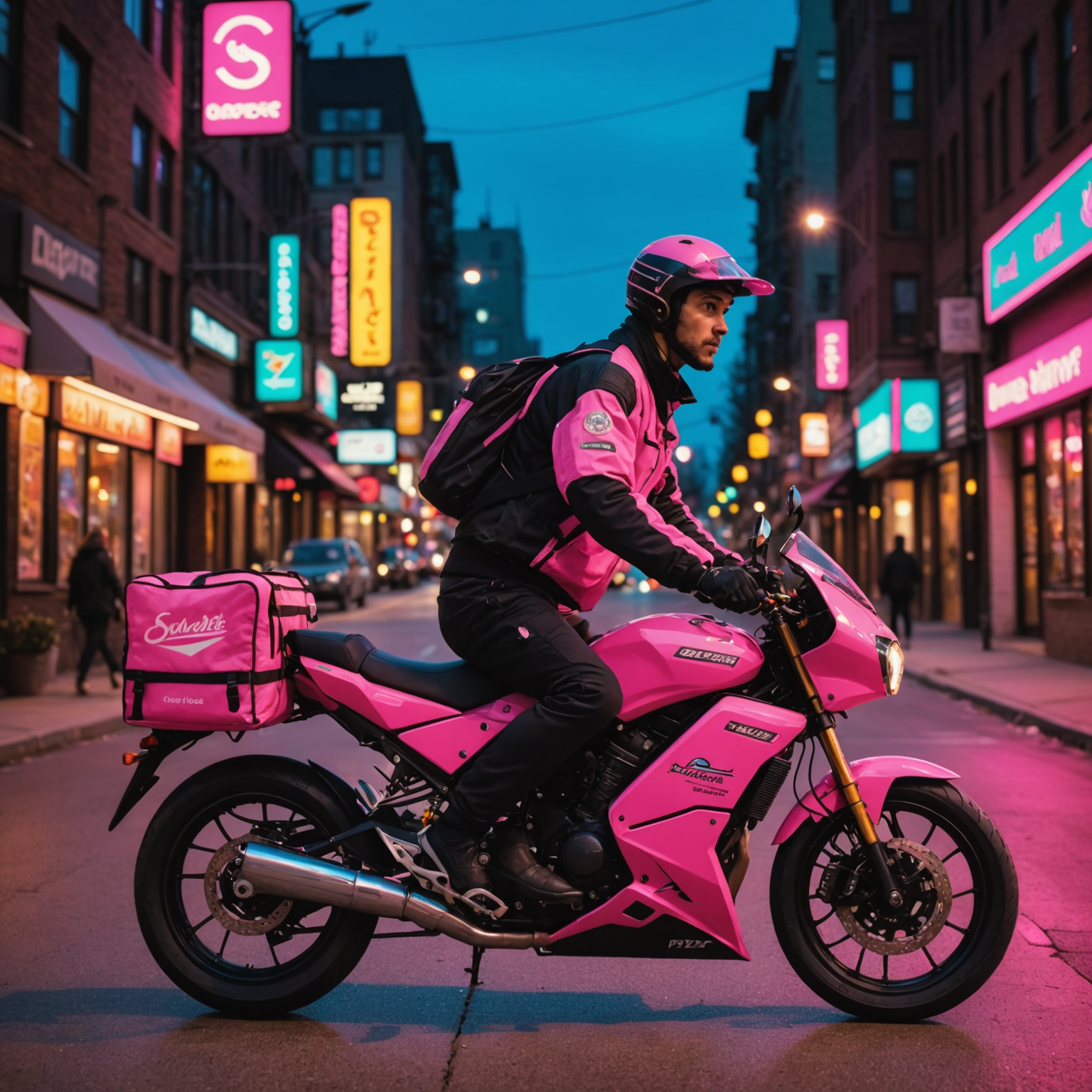 Salvatore's delivery driver on a motorcycle with insulated pizza delivery bag, GPS tracking device visible, speeding through Canadian city streets at dusk with hot pink neon lights