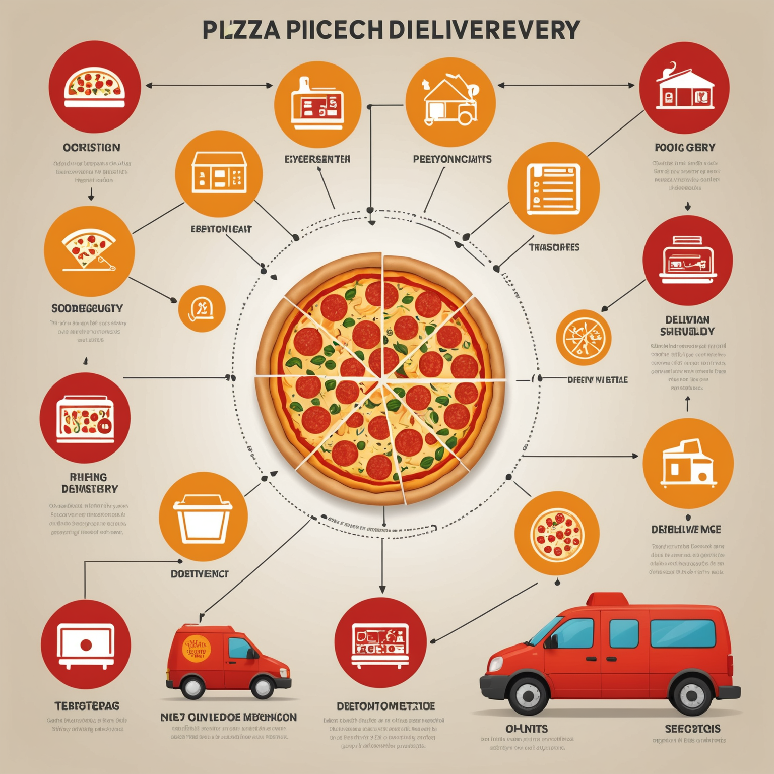 Infographic showing pizza delivery timeline from order placement to doorstep delivery with icons representing each stage: smartphone order, kitchen preparation, oven baking, and delivery vehicle en route