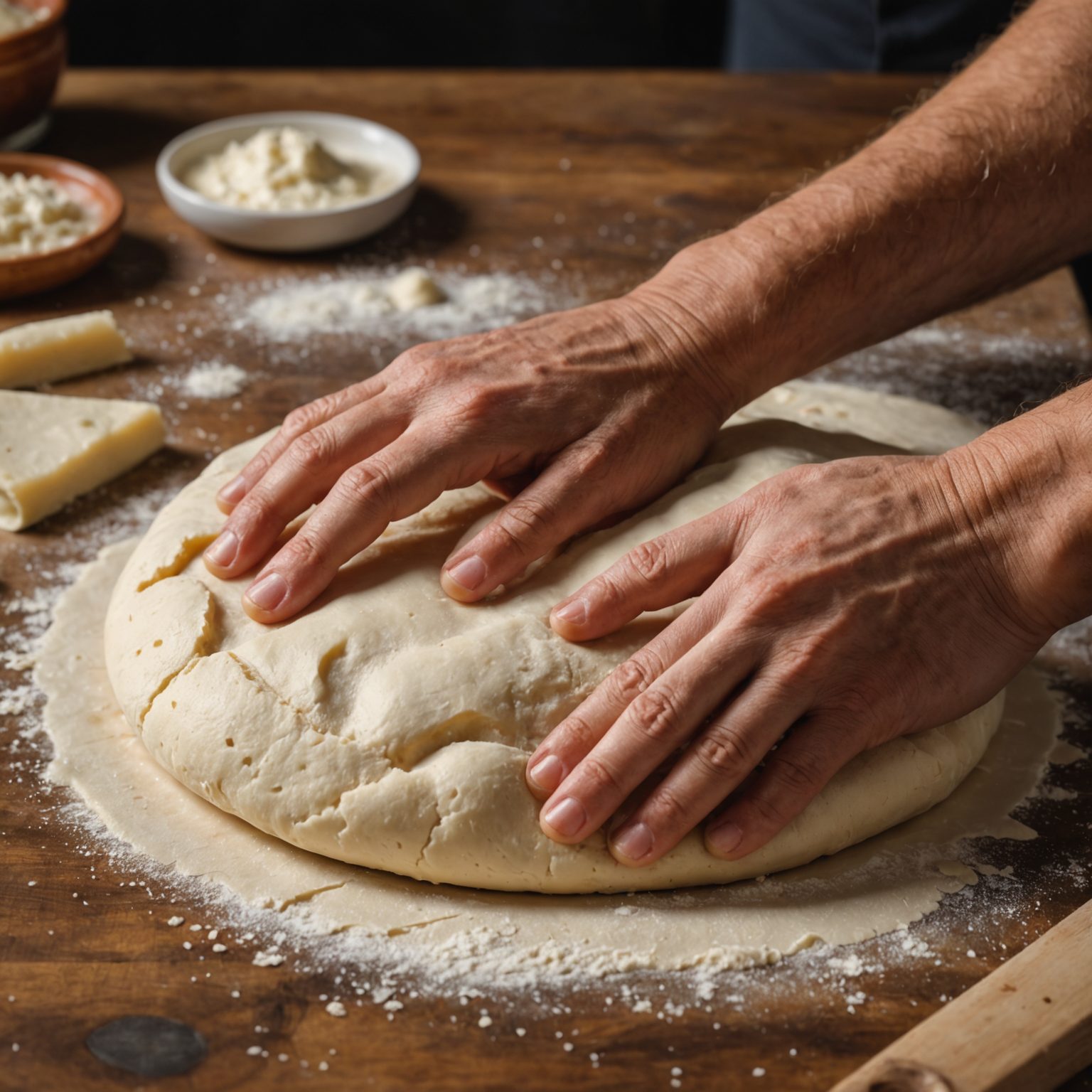 Close-up of hands kneading authentic Italian pizza dough showing proper technique and texture