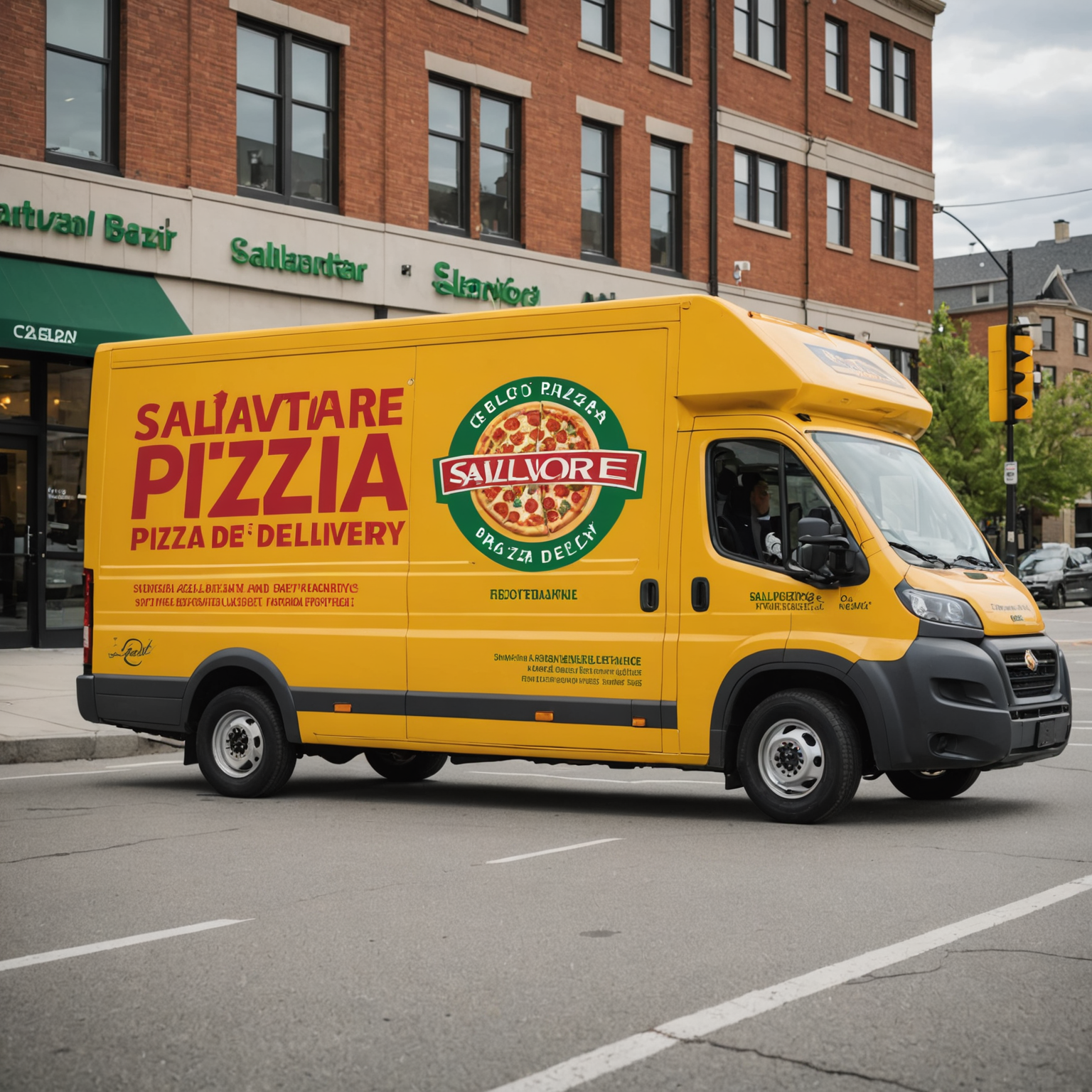 Salvatore pizza delivery expansion to Calgary, Ottawa, and Halifax with new eco-friendly delivery vehicles and modern kitchen facilities, urban street style announcement banner