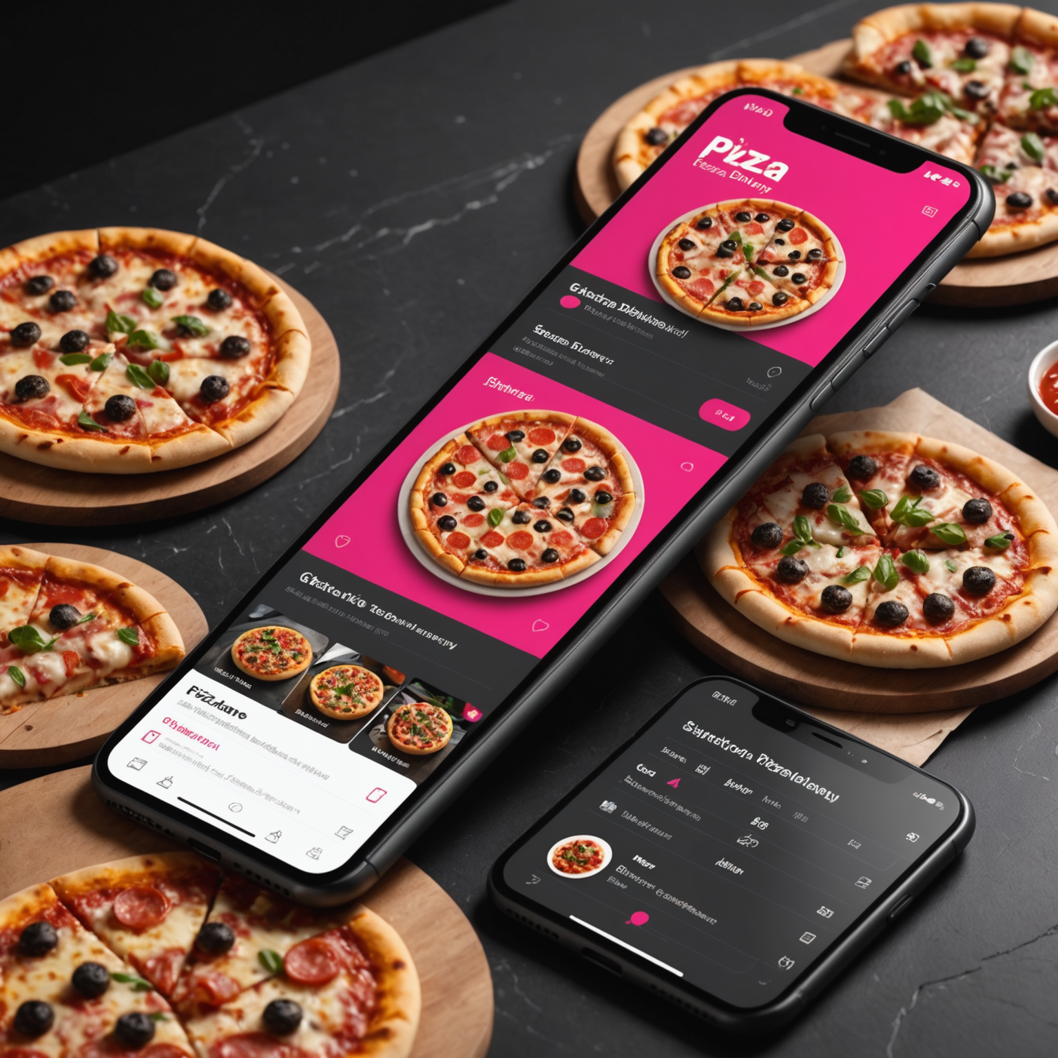 Smartphone displaying Salvatore pizza delivery app interface with hot pink and charcoal design, showing pizza menu with high-quality food photography, order tracking map, and delivery status updates, modern UI design with easy navigation