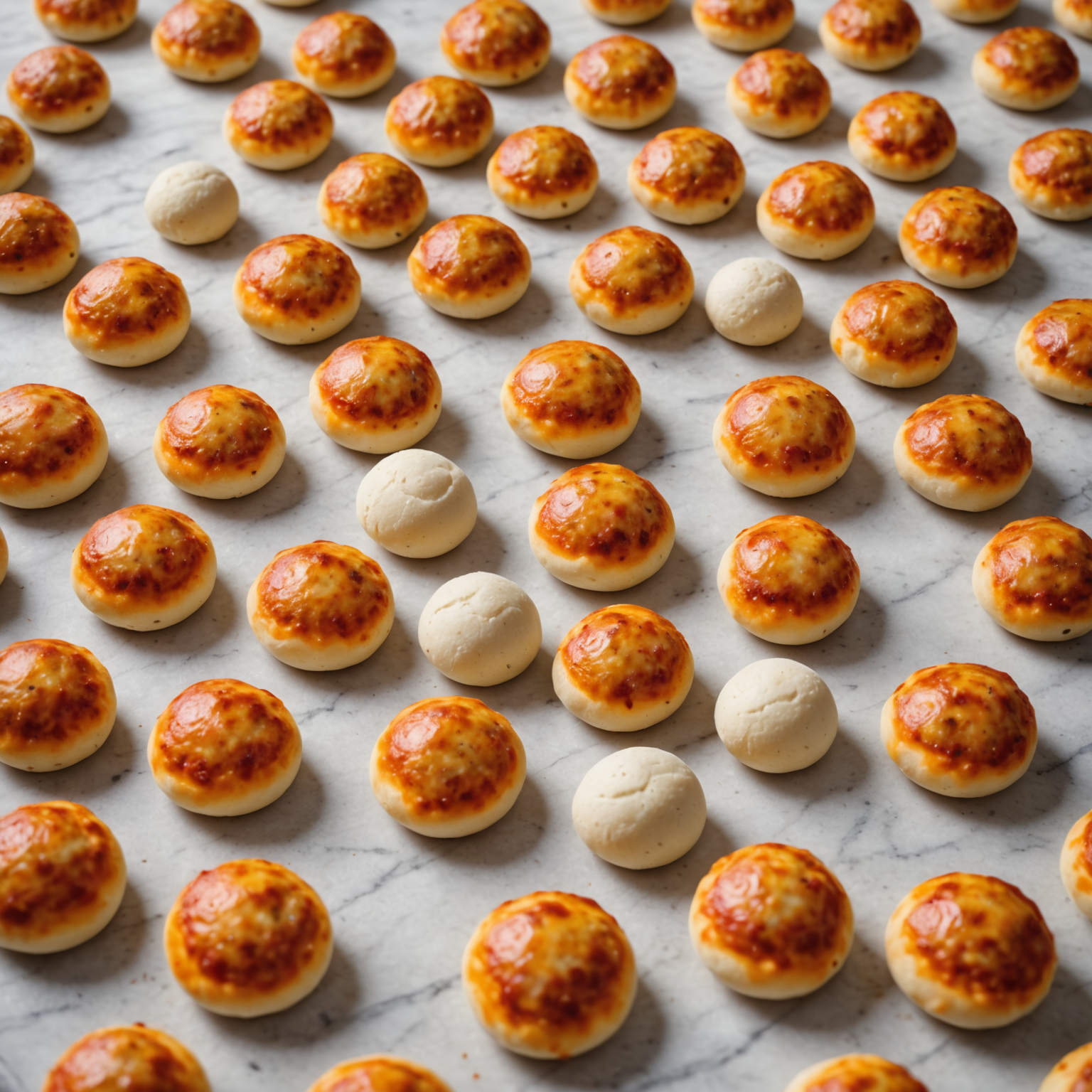Rows of perfectly portioned and shaped pizza dough balls arranged on a flour-dusted marble surface, each one uniform in size and showing the characteristic smooth, taut surface of properly proofed dough, ready for the evening service at Salvatore