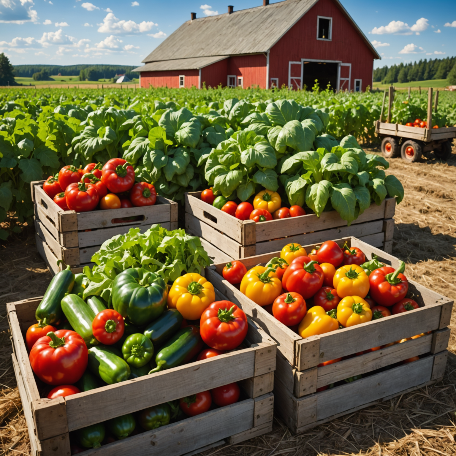 Fresh organic vegetables being harvested at a Canadian farm, showing vibrant tomatoes, colorful bell peppers, and leafy greens in rustic wooden crates under a bright sunny sky