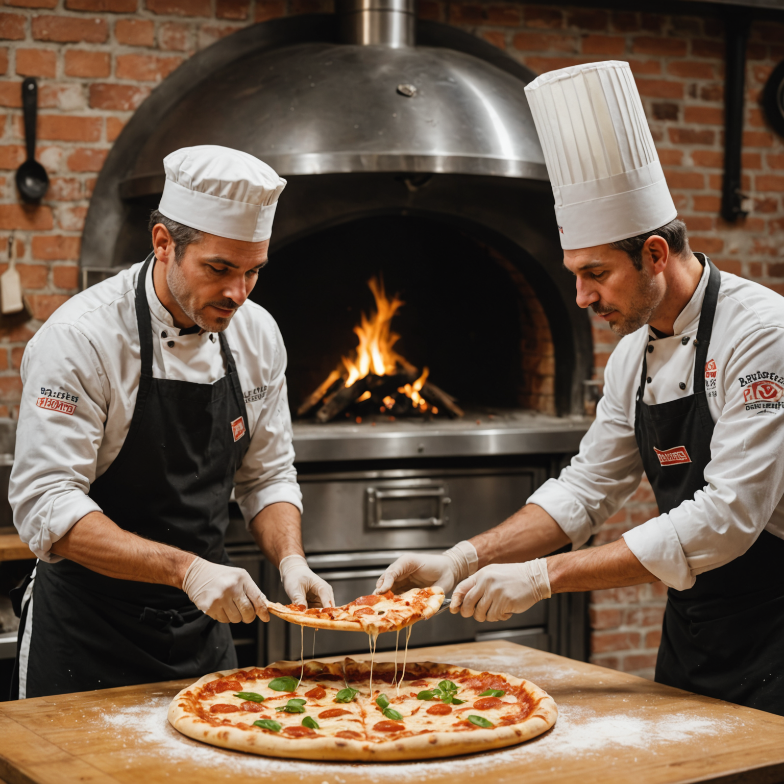 Hands-on pizza making class with Salvatore's master chef teaching students dough tossing technique in a professional kitchen with wood-fired oven, flour dust in air, authentic Italian atmosphere