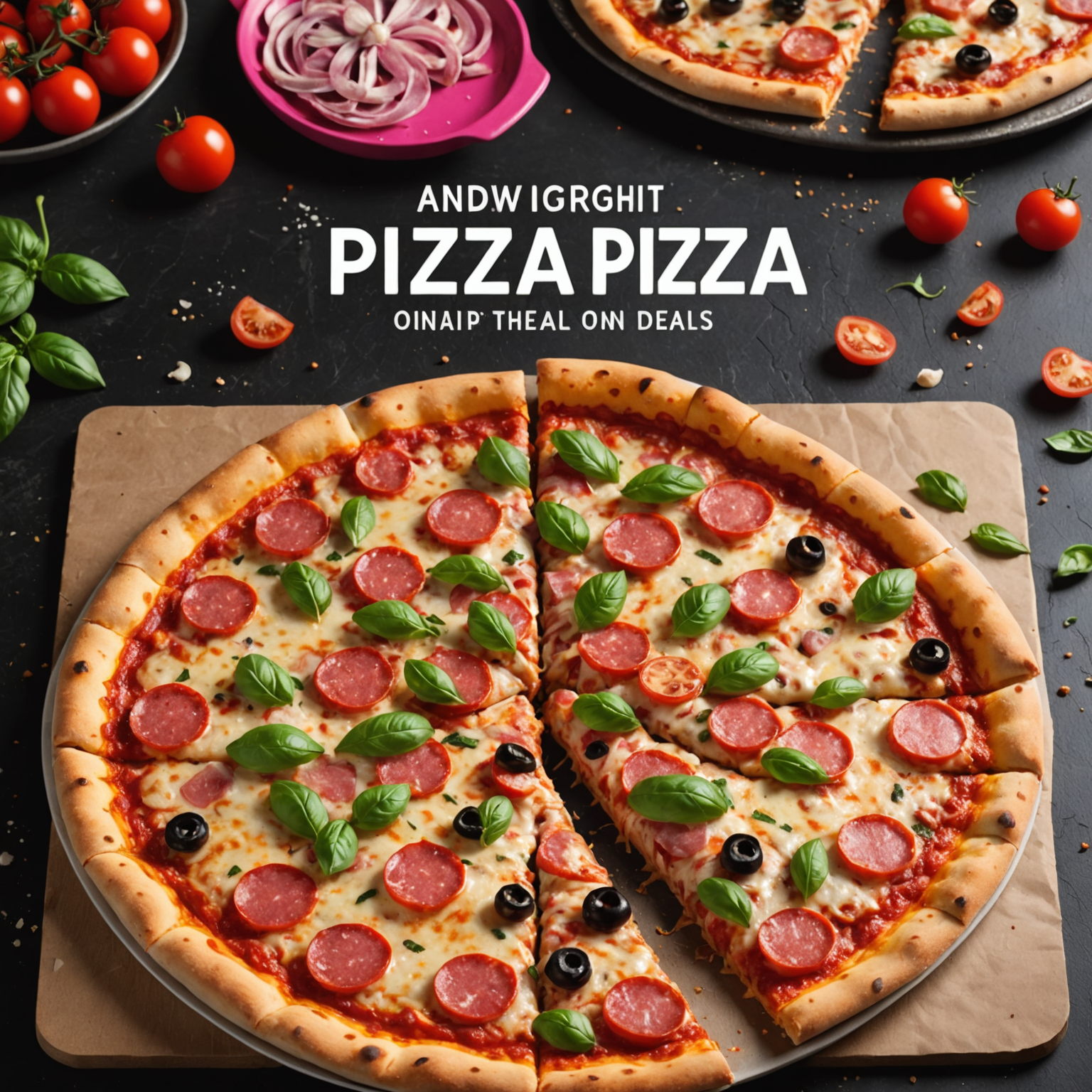 Promotional banner showcasing special online-only pizza deals including buy-one-get-one offers, family meal combos, and discount codes with vibrant hot pink accents and appetizing pizza images