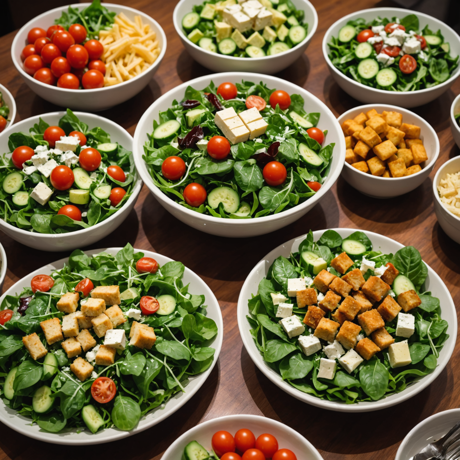 Vibrant fresh salad bar display featuring mixed garden greens, classic Caesar salad with parmesan and croutons, cherry tomatoes, cucumbers, and variety of Italian dressings in elegant serving bowls