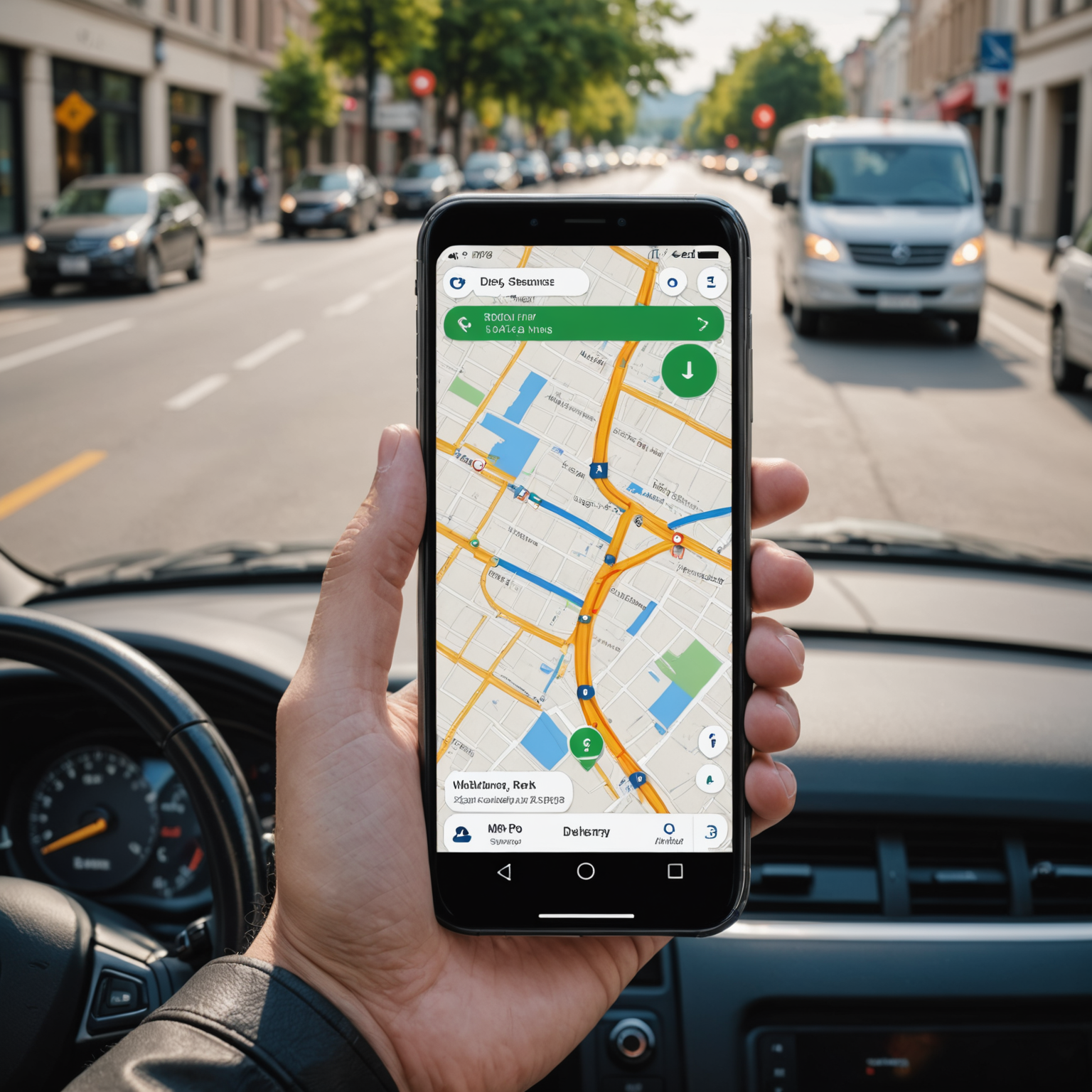 Smartphone screen displaying GPS tracking interface with map showing delivery driver's route, estimated arrival time, and driver photo with vehicle details