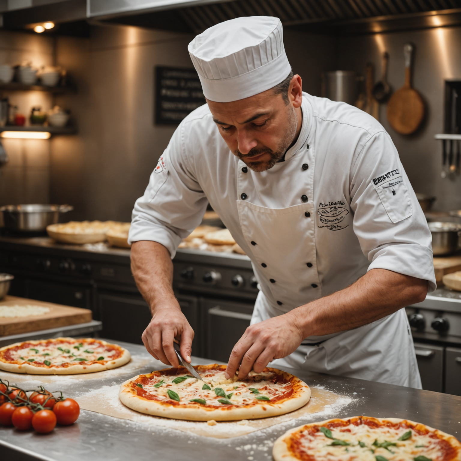 Head chef Marco Benedetti preparing traditional Italian pizza dough with locally-sourced Canadian ingredients in professional kitchen, artisan craftsmanship close-up