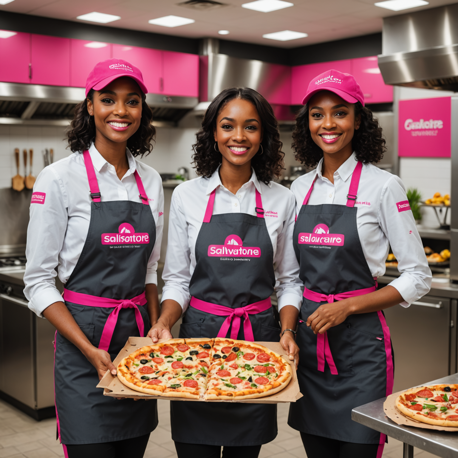 Salvatore team members celebrating expansion launch, diverse group of employees in branded uniforms, holding pizzas and smiling, modern kitchen facility background, hot pink and charcoal company branding visible, professional yet friendly atmosphere