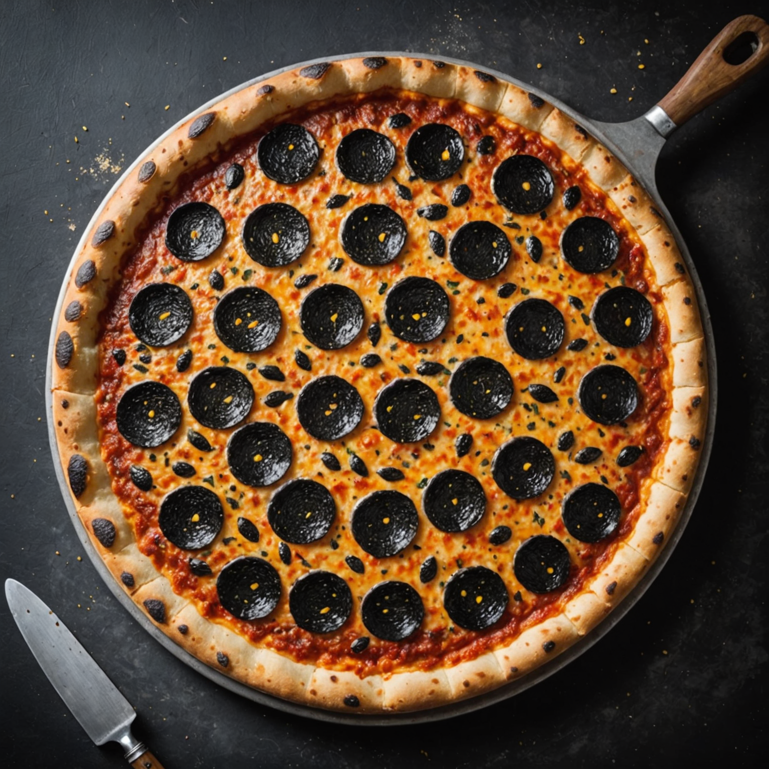 A finished Salvatore pizza fresh from the wood-fired oven, showcasing the perfect leopard-spotted char on the crust, an airy and puffy cornicione edge, and the characteristic bubbles and texture that result from Marco's perfected dough recipe and technique