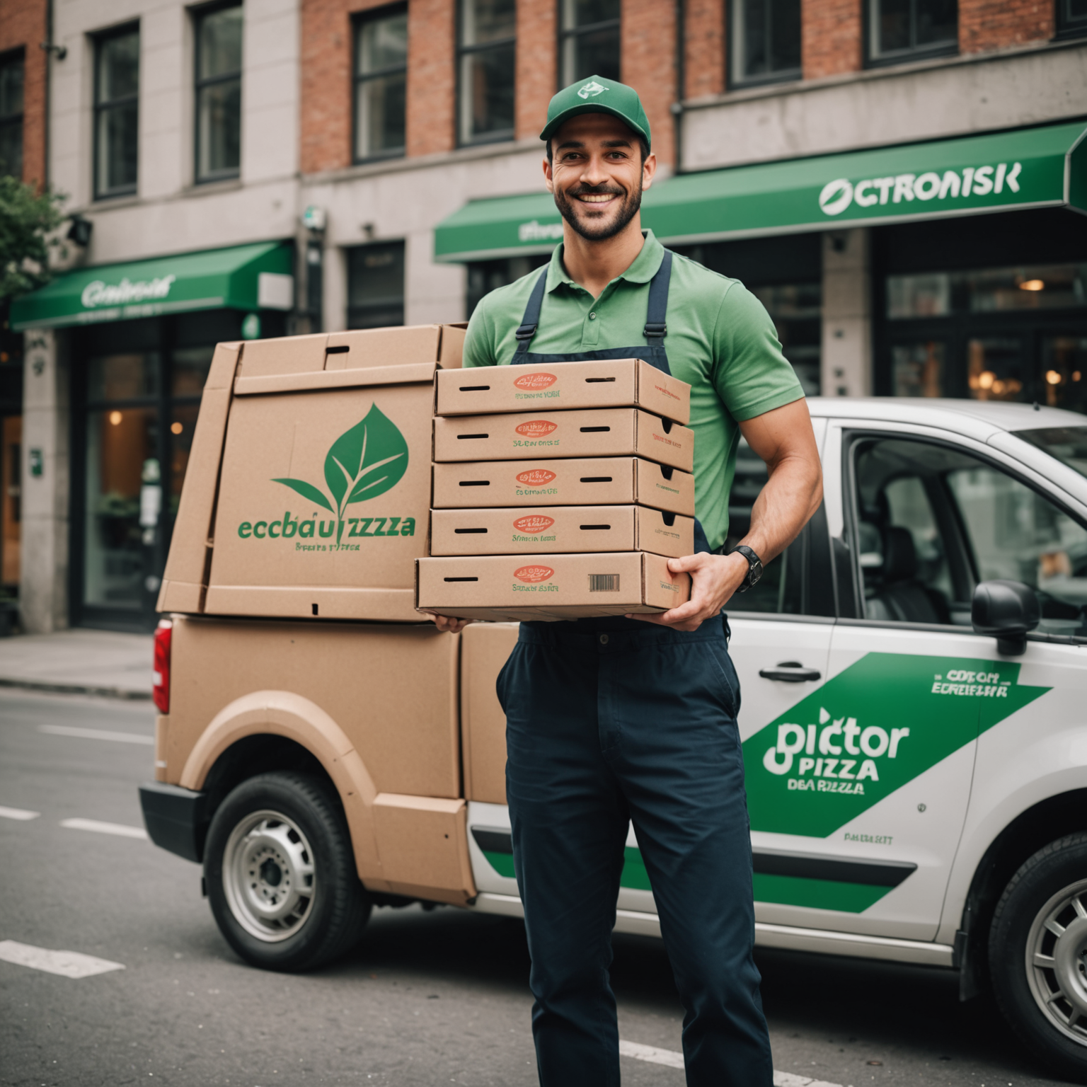 Smiling Salvatore delivery driver holding stack of plant-based pizza boxes with eco-friendly packaging, standing next to branded delivery vehicle against modern urban backdrop