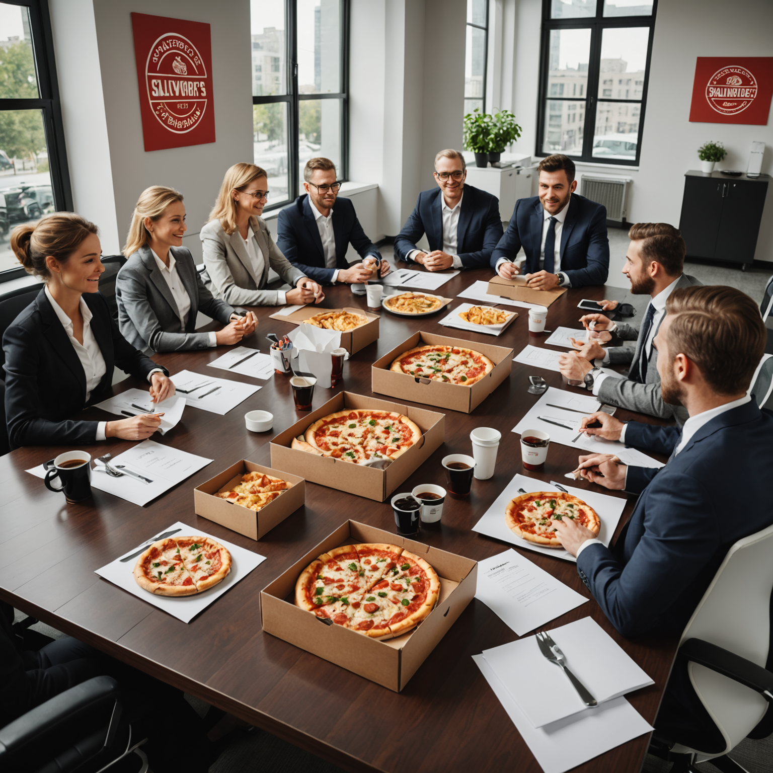 Professional office setting with Salvatore's pizza boxes arranged on conference table, business people enjoying lunch meeting, modern corporate environment with branded delivery packaging