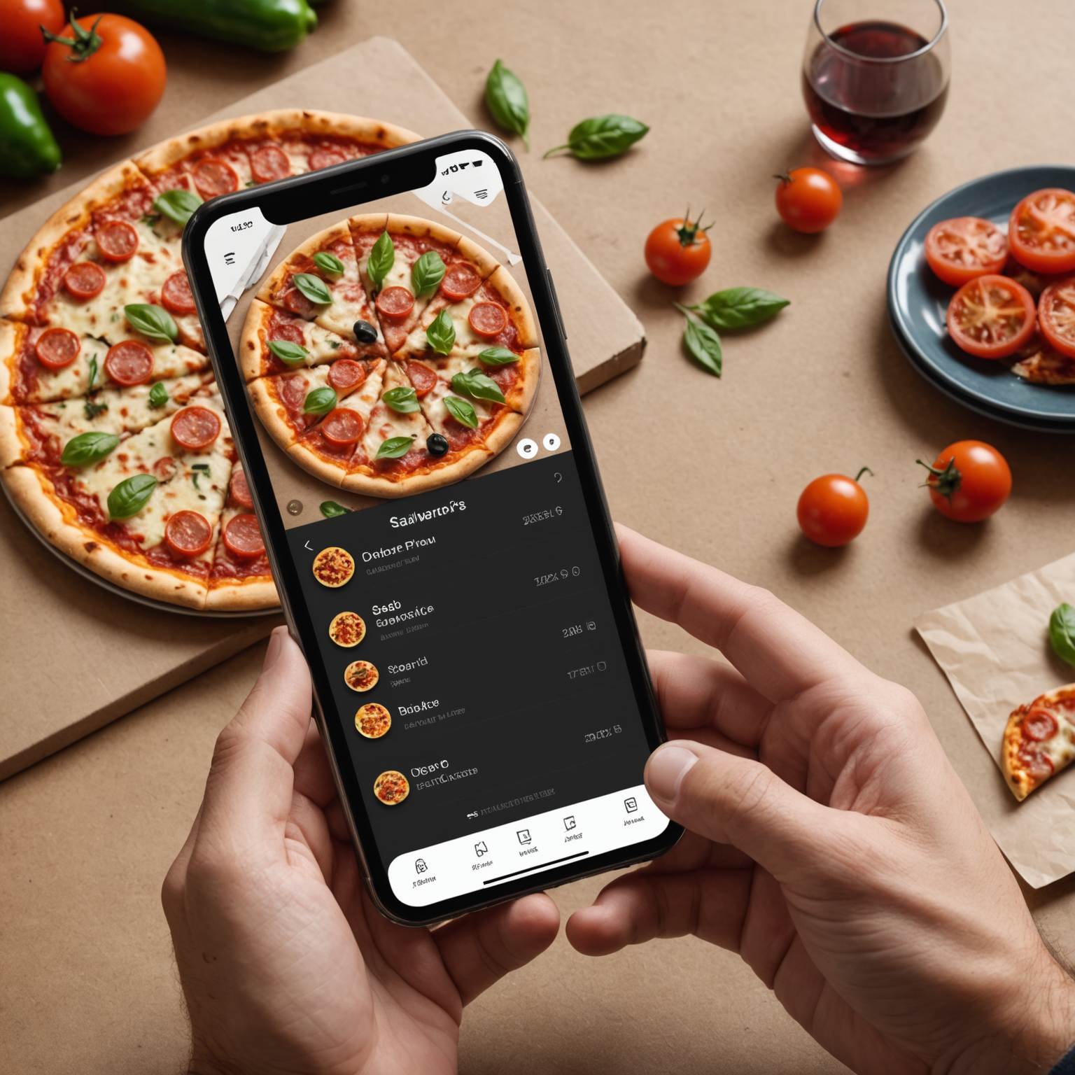 Salvatore's mobile app interface showing pizza menu, order customization screen, and delivery tracking map on a smartphone with intuitive touch controls and modern design