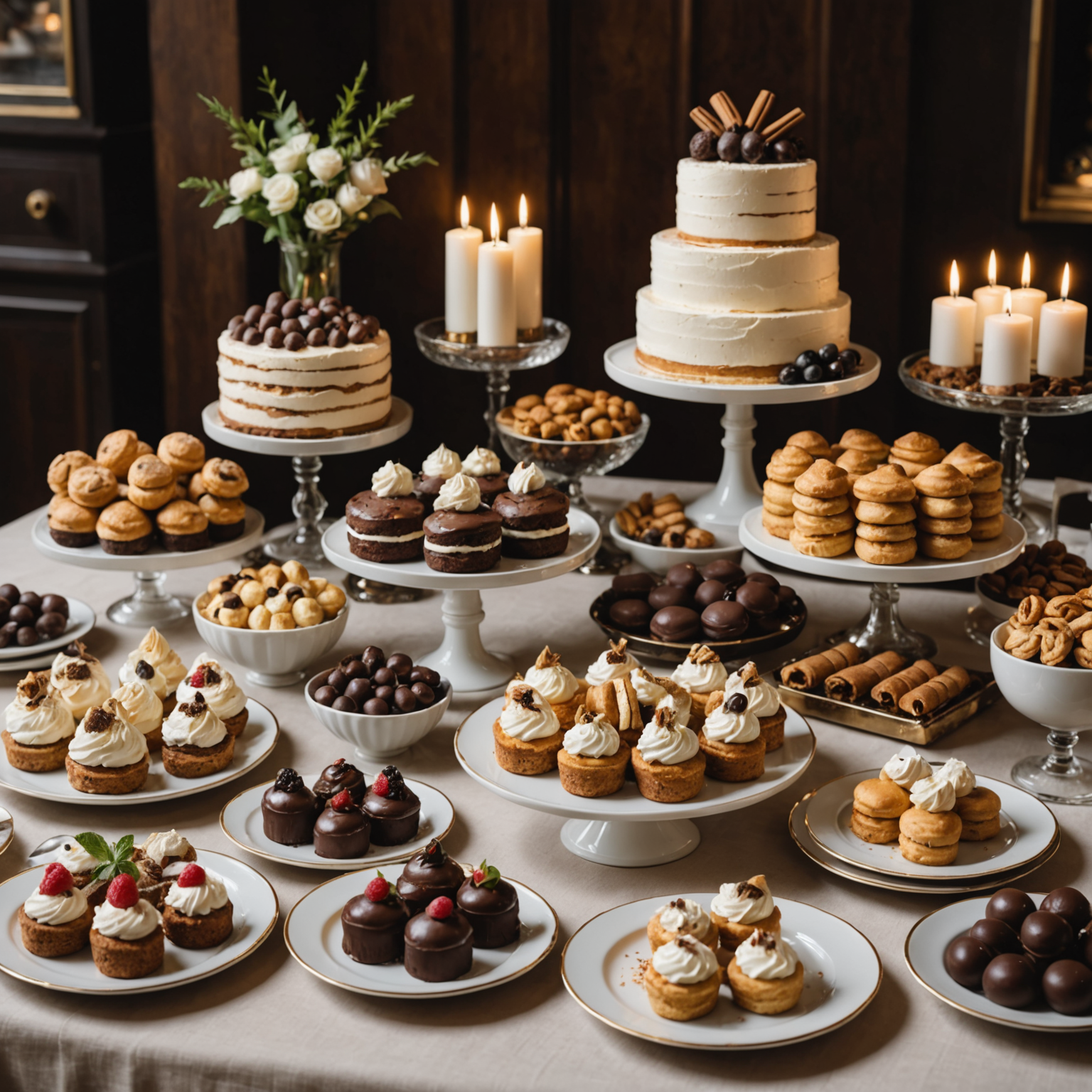 Luxurious dessert table showcasing authentic Italian sweets including creamy tiramisu, crispy cannoli filled with sweet ricotta, assorted Italian pastries, and chocolate-dipped treats on elegant serving platters