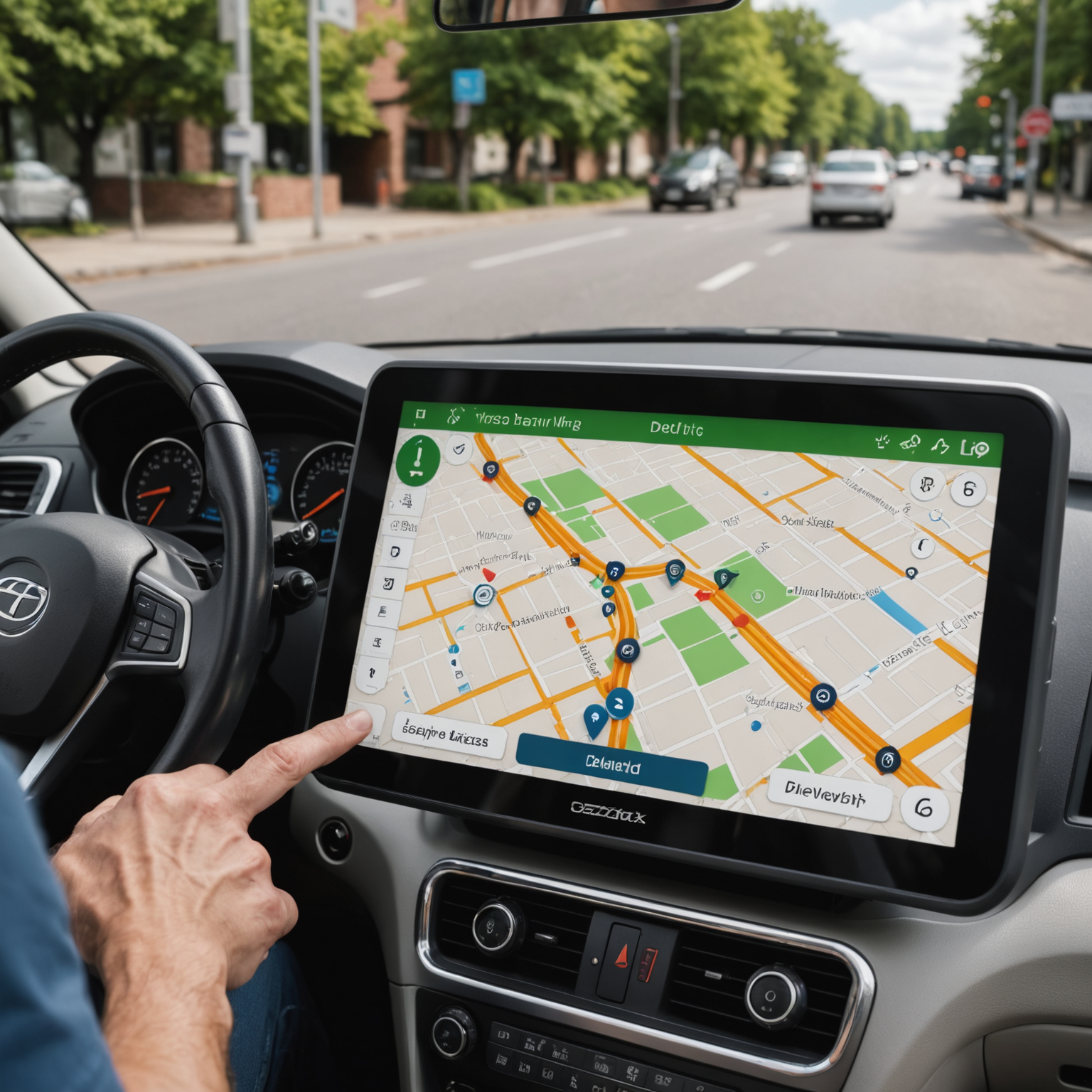 Close-up of delivery vehicle dashboard with mounted GPS device showing optimized route and multiple delivery stops highlighted on digital map