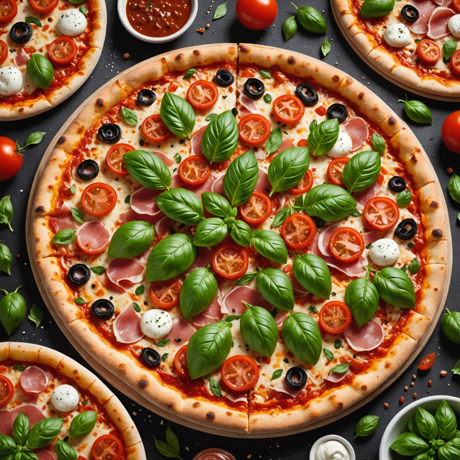 Variety of fresh Italian pizza toppings including mozzarella, basil, prosciutto, and vegetables arranged artistically