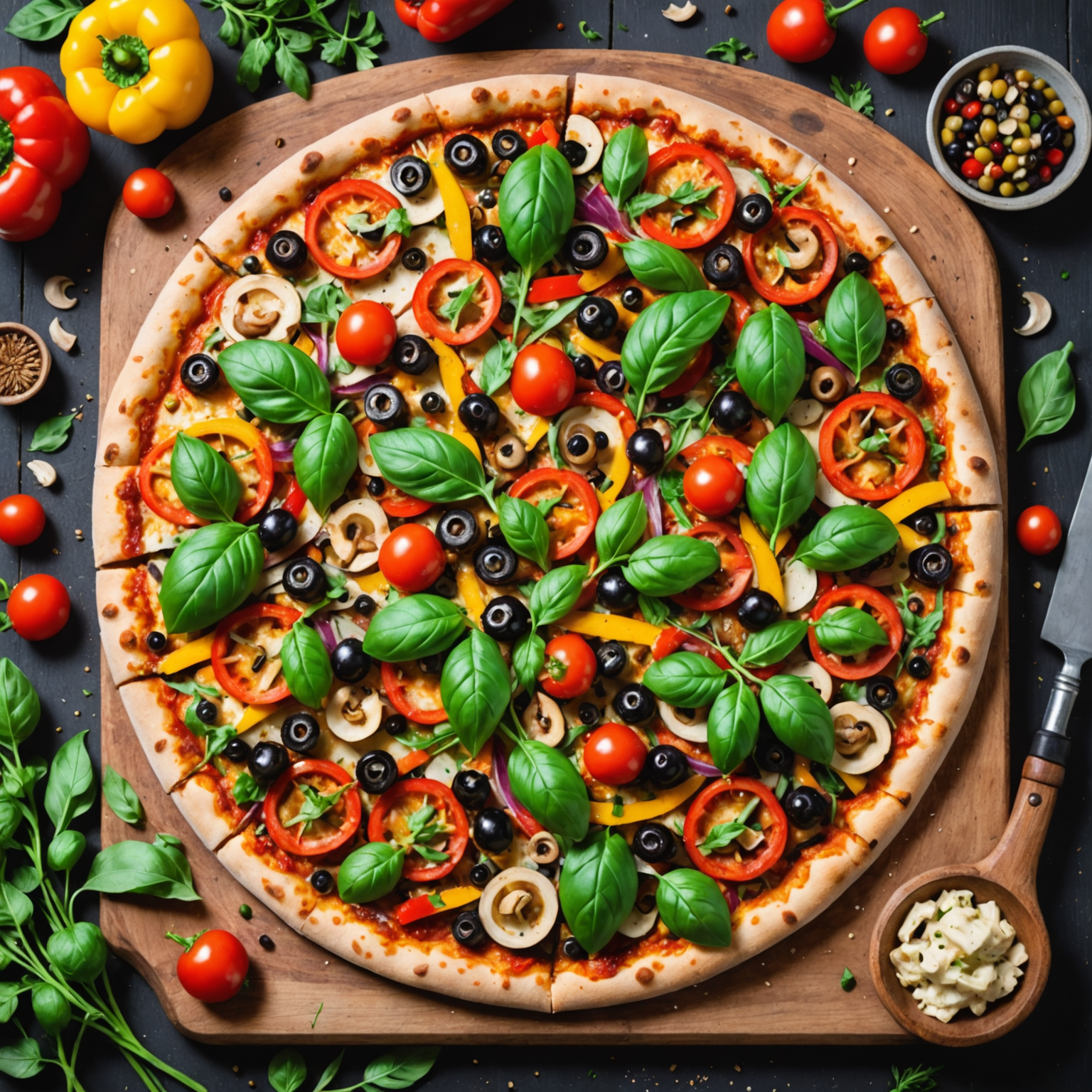 Colorful vegan pizza with dairy-free cheese and fresh vegetable toppings including bell peppers, mushrooms, olives, and arugula on wooden board, vibrant plant-based cuisine