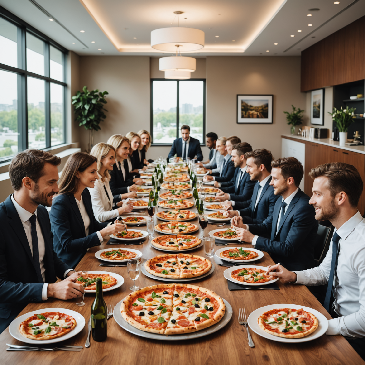 Professional corporate event setting showing Salvatore pizza catering setup in modern conference room with business professionals enjoying pizza during office meeting or lunch gathering