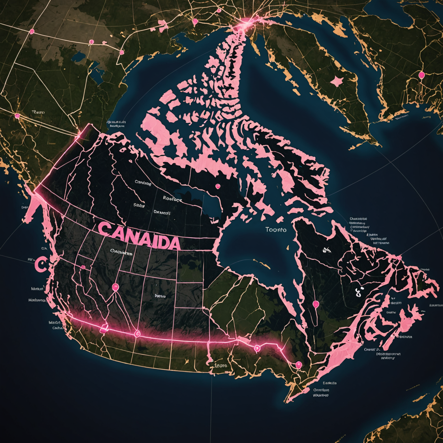 Map of Canada with major cities marked by glowing pink pins showing Salvatore delivery locations, connected by network lines indicating coverage zones across Toronto, Vancouver, Montreal, Calgary, Edmonton, Ottawa, and Winnipeg