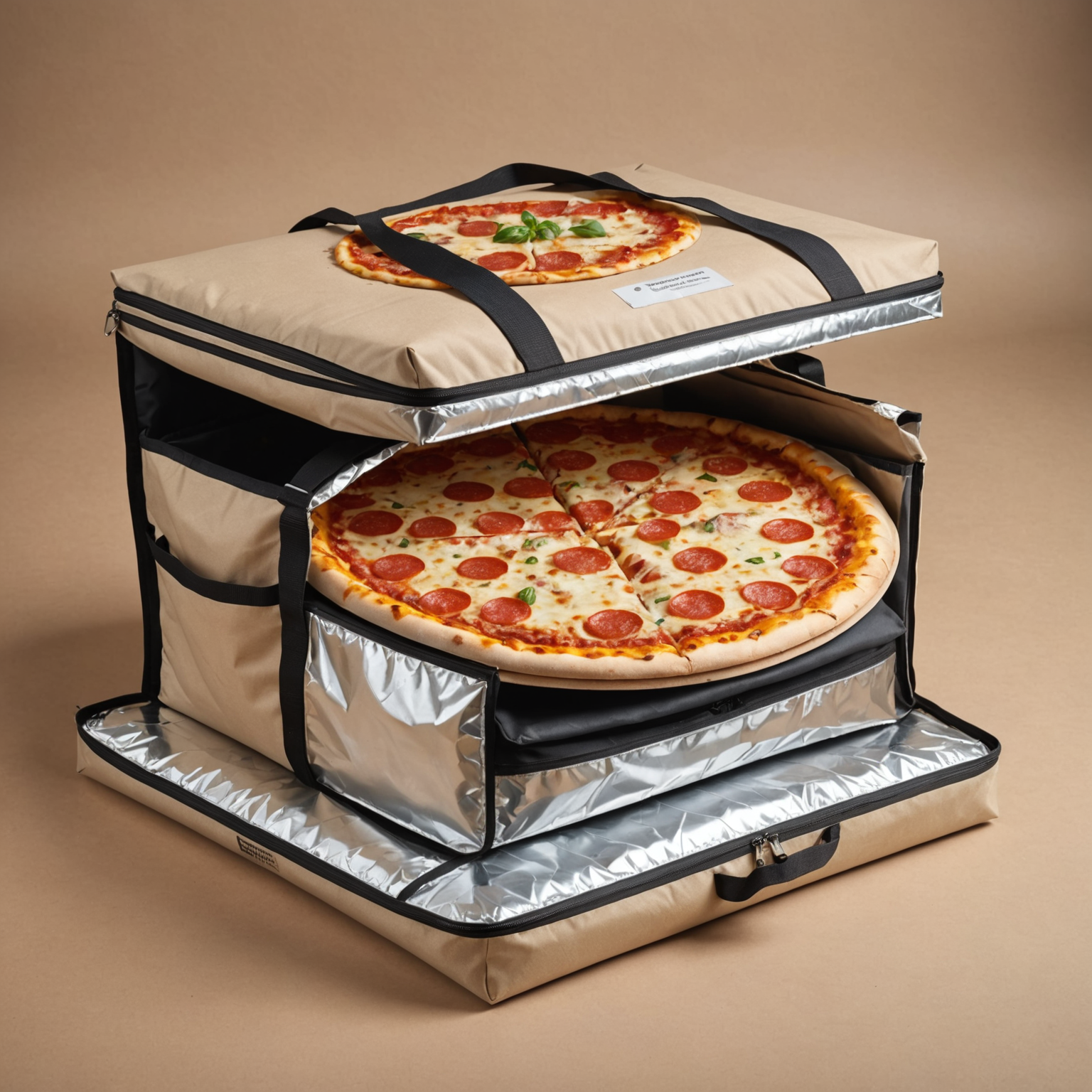 Cross-section diagram of insulated pizza delivery bag showing three layers of thermal insulation, reflective interior lining, moisture-wicking material, and ventilation system with temperature indicators showing heat retention
