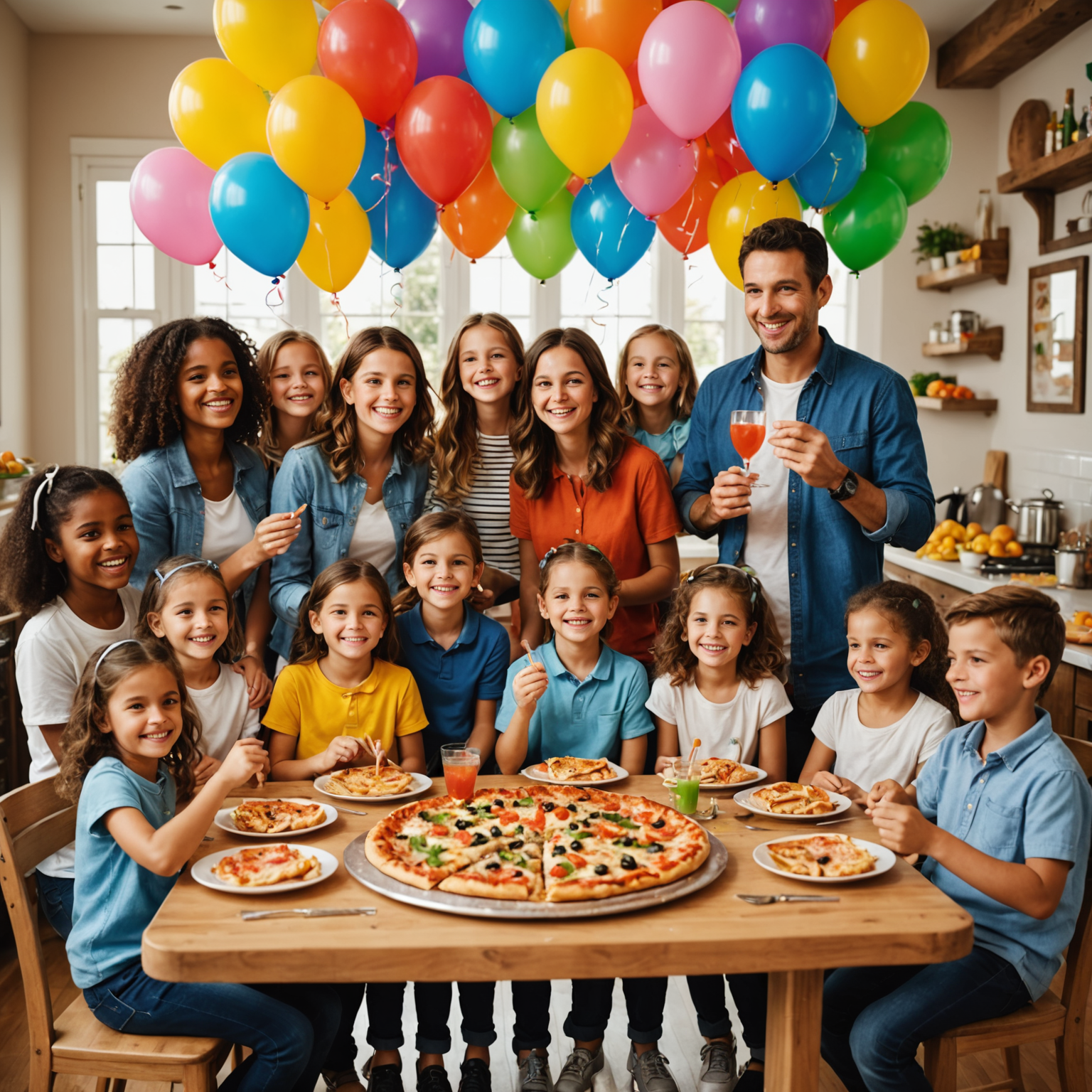 Lively birthday party scene with children and families enjoying Salvatore pizza catering, colorful decorations, balloons, and happy celebration atmosphere in home or party venue setting