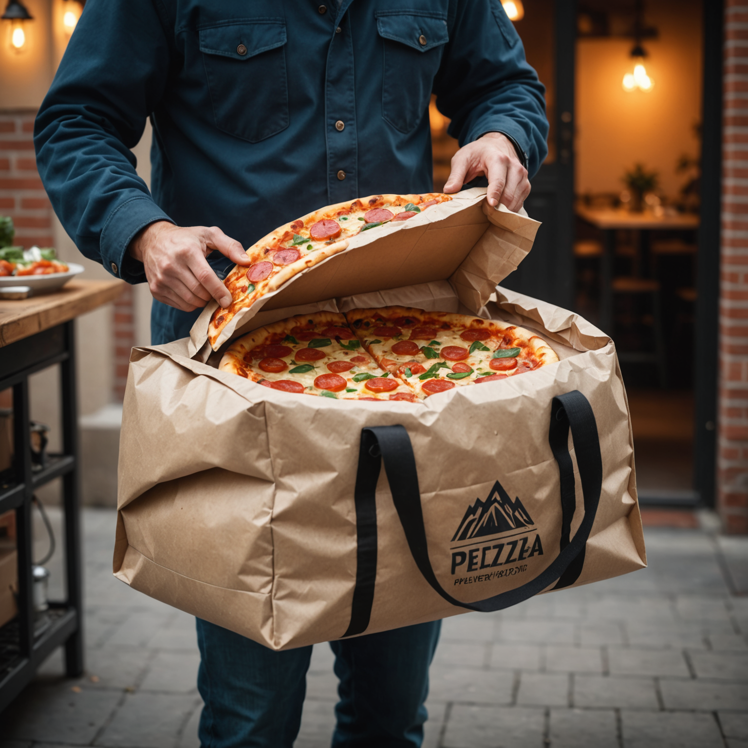 Delivery driver opening insulated bag to reveal steaming hot pizza with visible heat waves rising, bag interior glowing with retained warmth