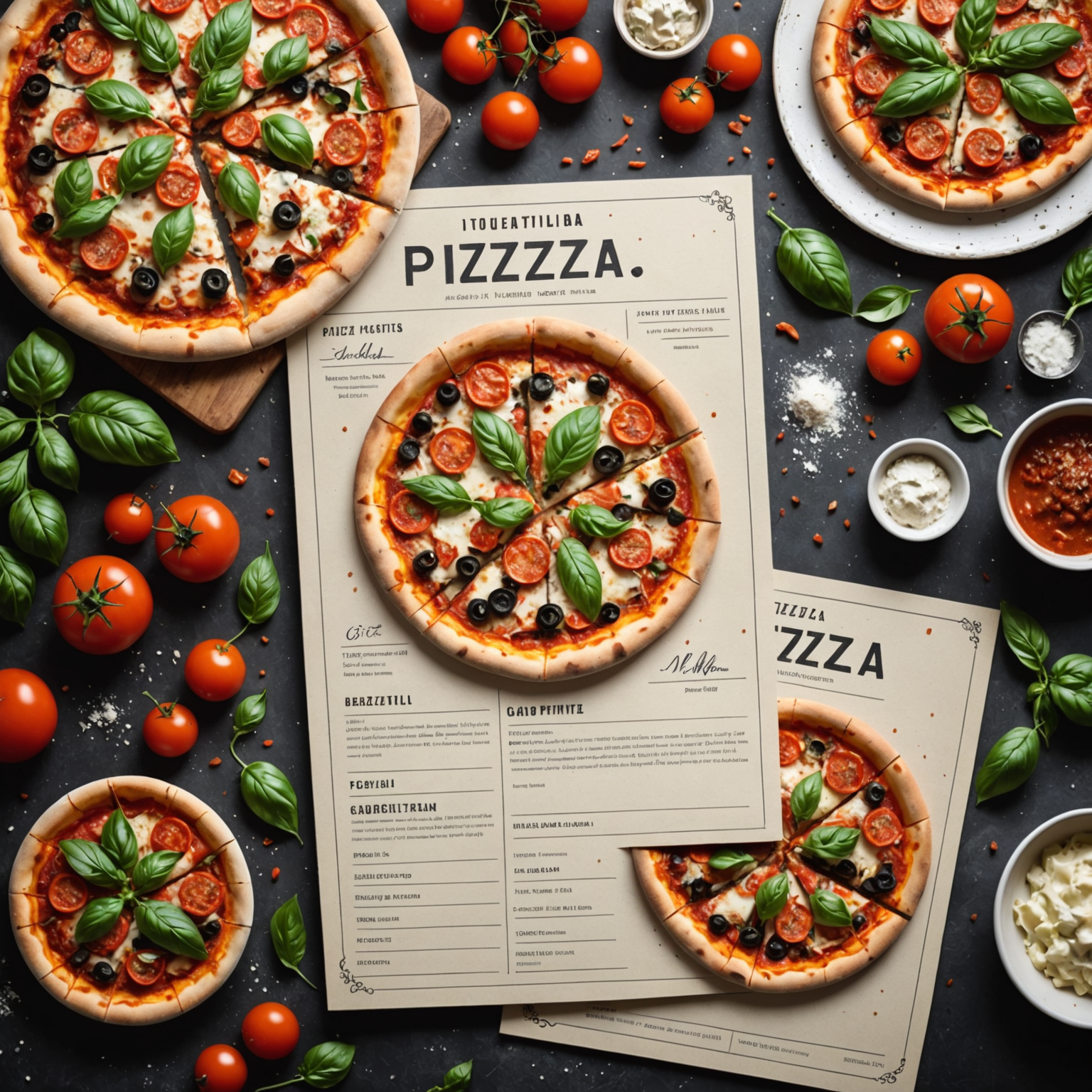 Professional recipe cards with detailed instructions and ingredient lists for authentic Italian pizza making