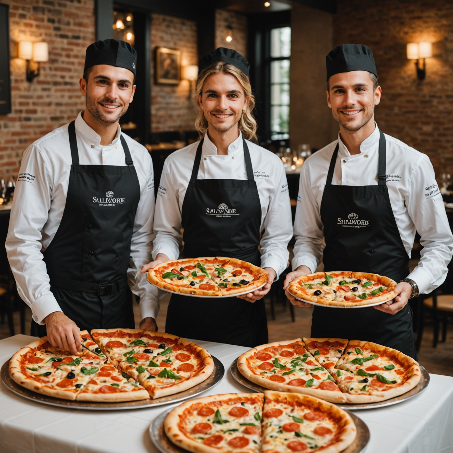 Professional Salvatore catering team members in branded uniforms delivering hot pizzas and setting up buffet service at event venue with organized presentation and attention to detail