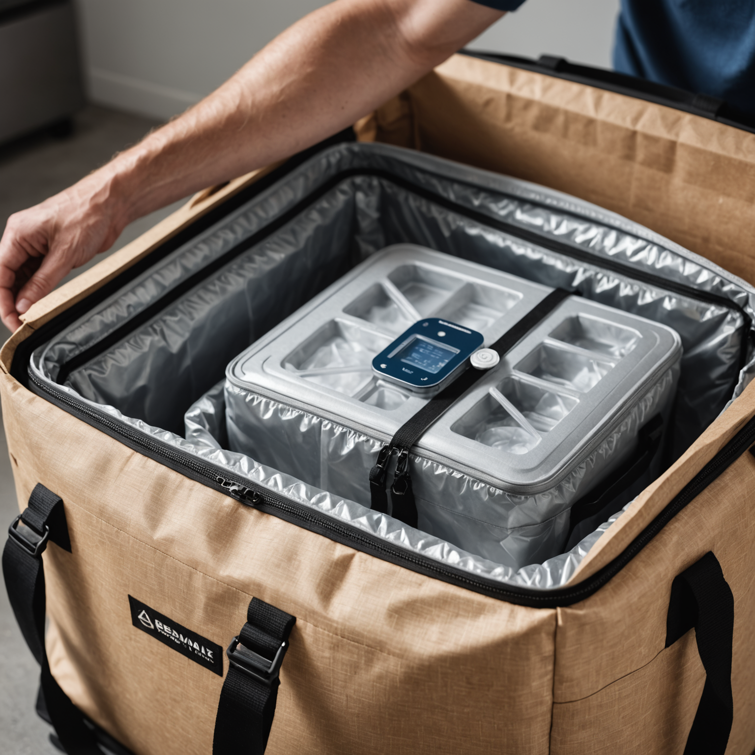 Close-up of insulated bag ventilation ports with steam escaping, showing moisture control system in action during delivery